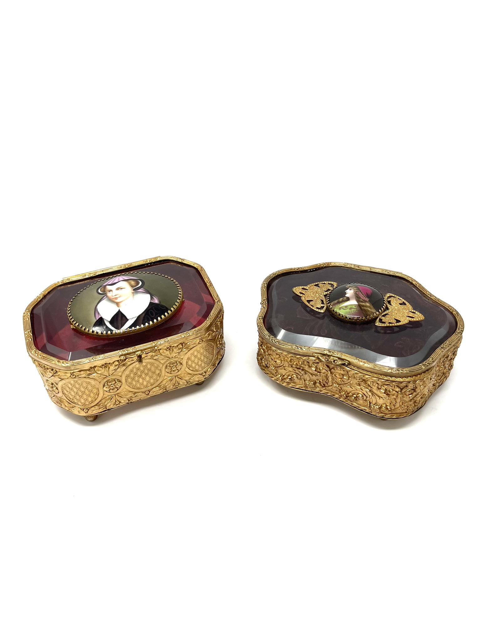Two large antique French gilt brass, bevelled glass and porcelain jewelry boxes (1 of 20)