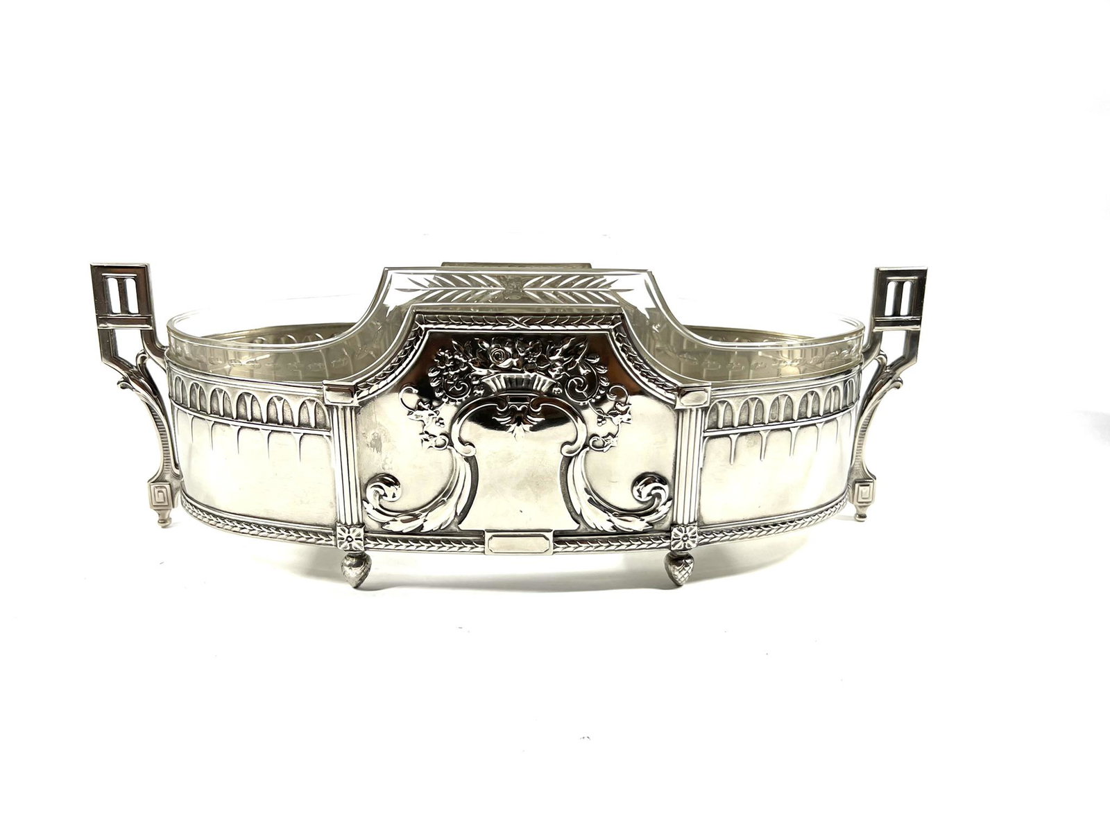 Art deco silverplated metal and glass centerpiece: Art deco silverplated metal and glass centerpiece in excellent condition. Un-marked, possibly by WMF. Approximate measurements: 6" H x 16.25"W x 6.25"D
