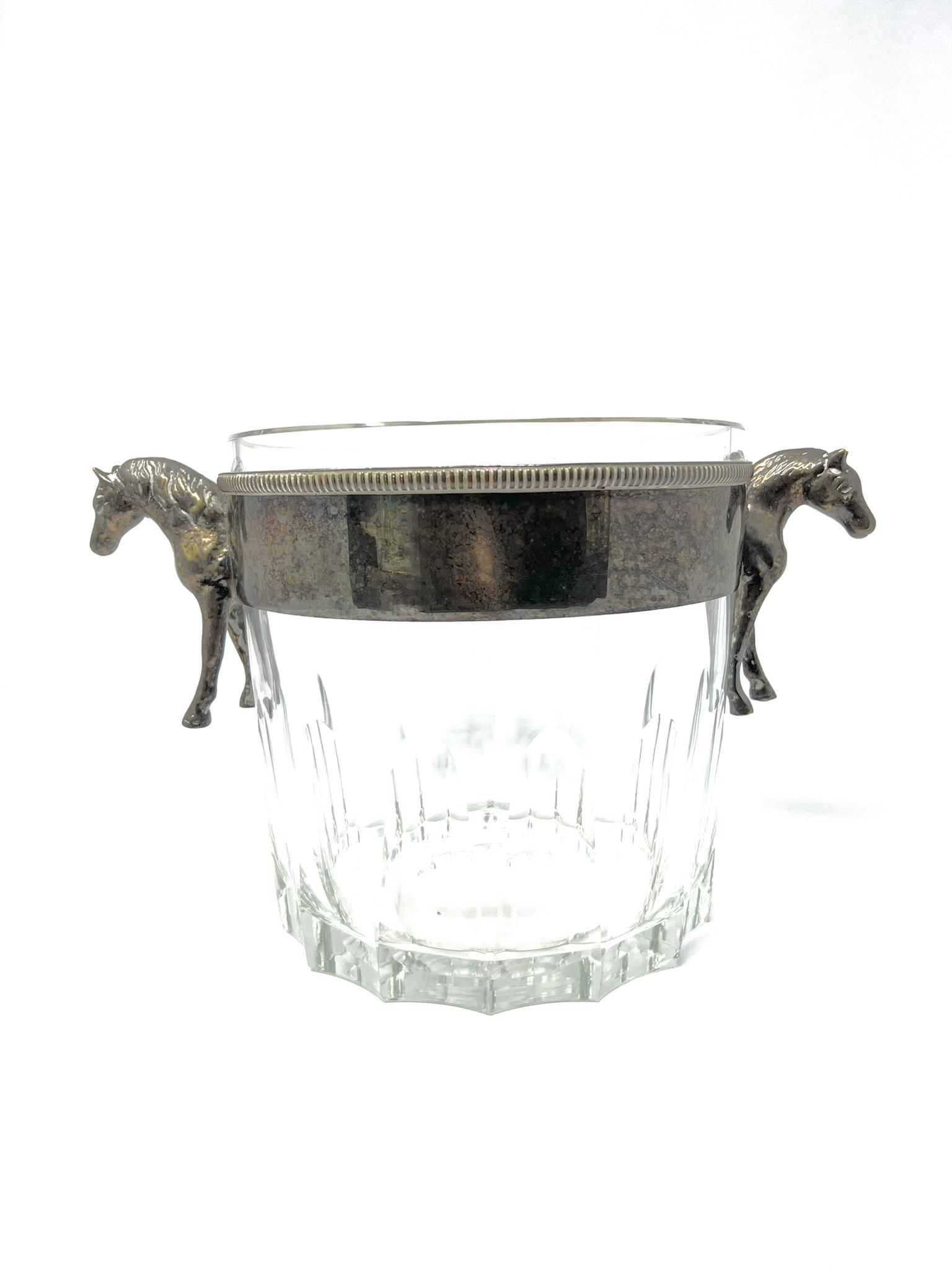 Large Hermes style equestrian themed wine cooler: large vintage silverplated metal and glass wine cooler with equestrian motif in the style of Hermes. Un-marked. Heavy and good quality glass. Approximate measurements: 8" H x 13"W x 9"D