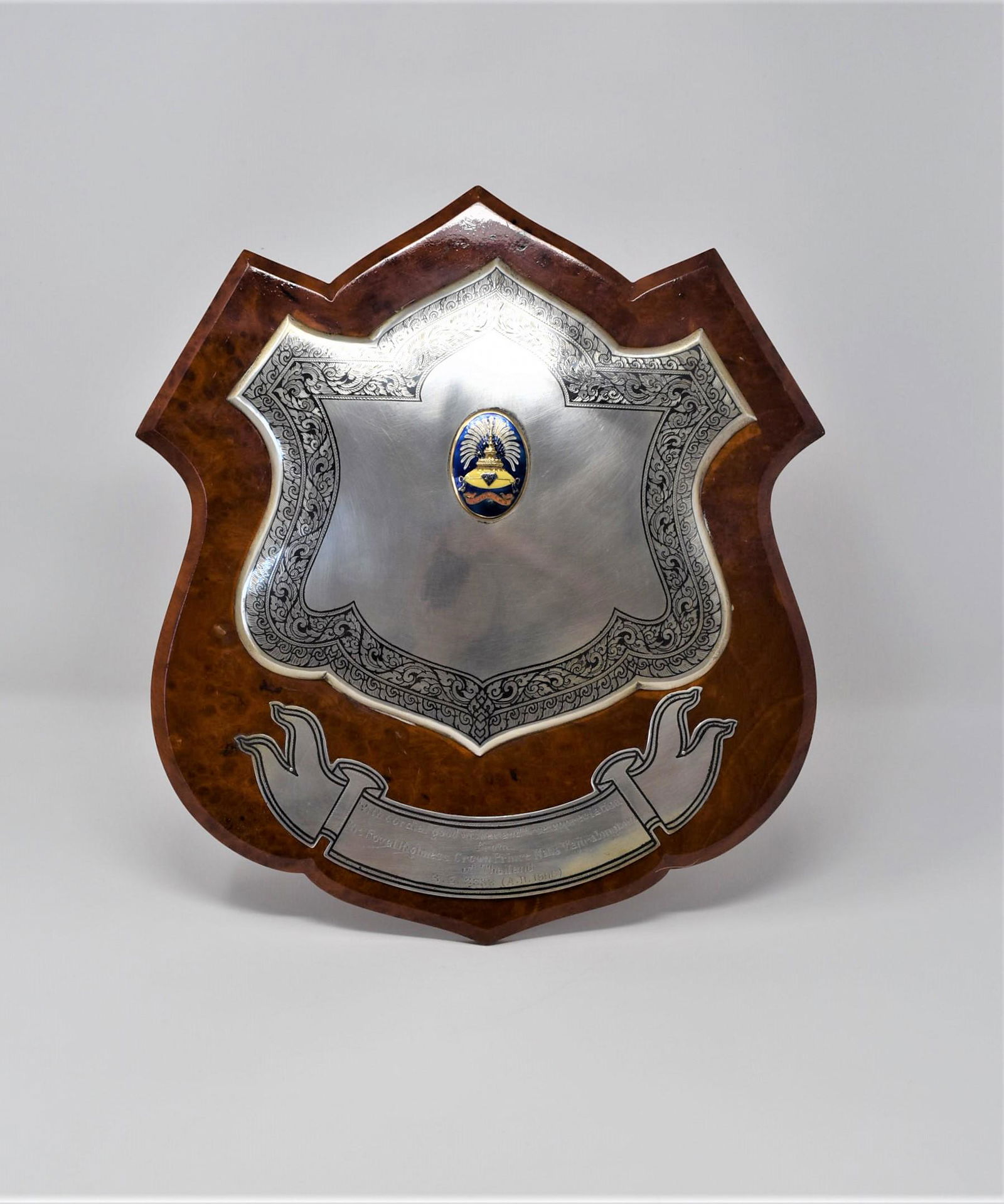 Thai silver, enamel, niello and wood plaque official gift from the crown Prince (1 of 7)