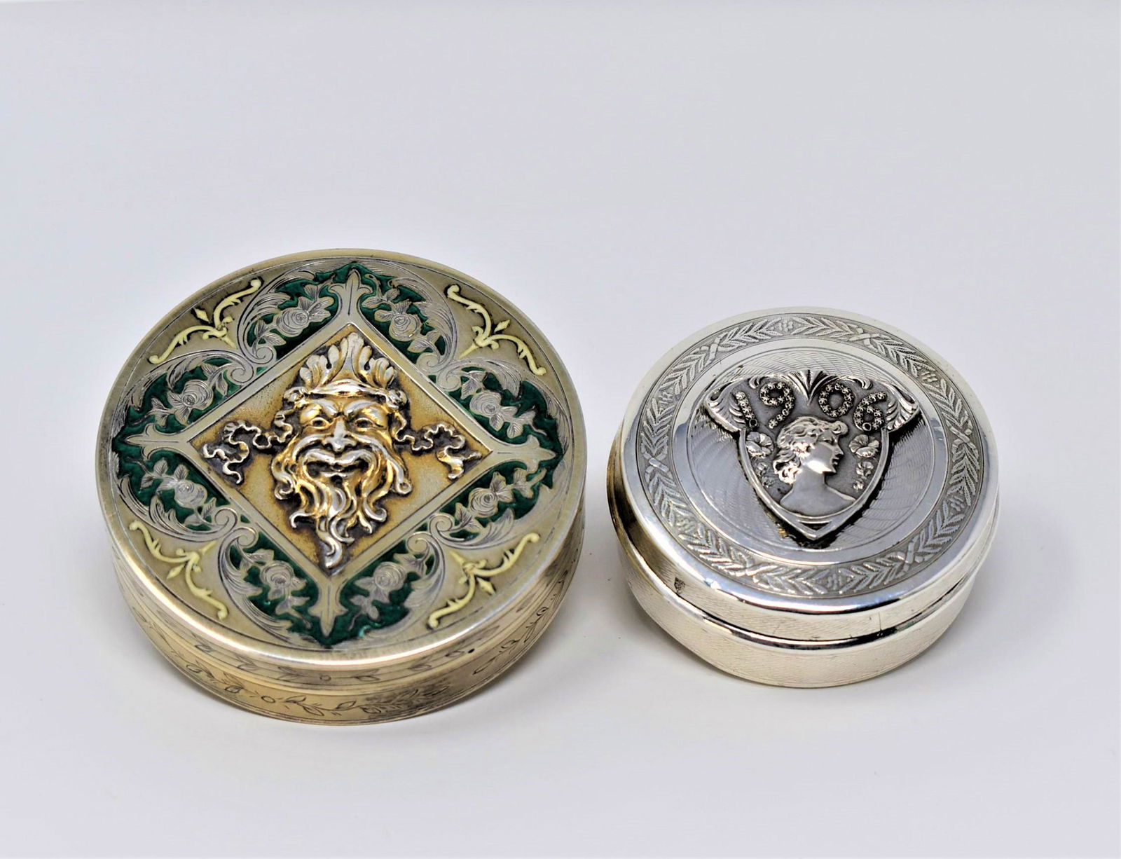 Two antique French silver boxes, one enamel decorated (1 of 17)