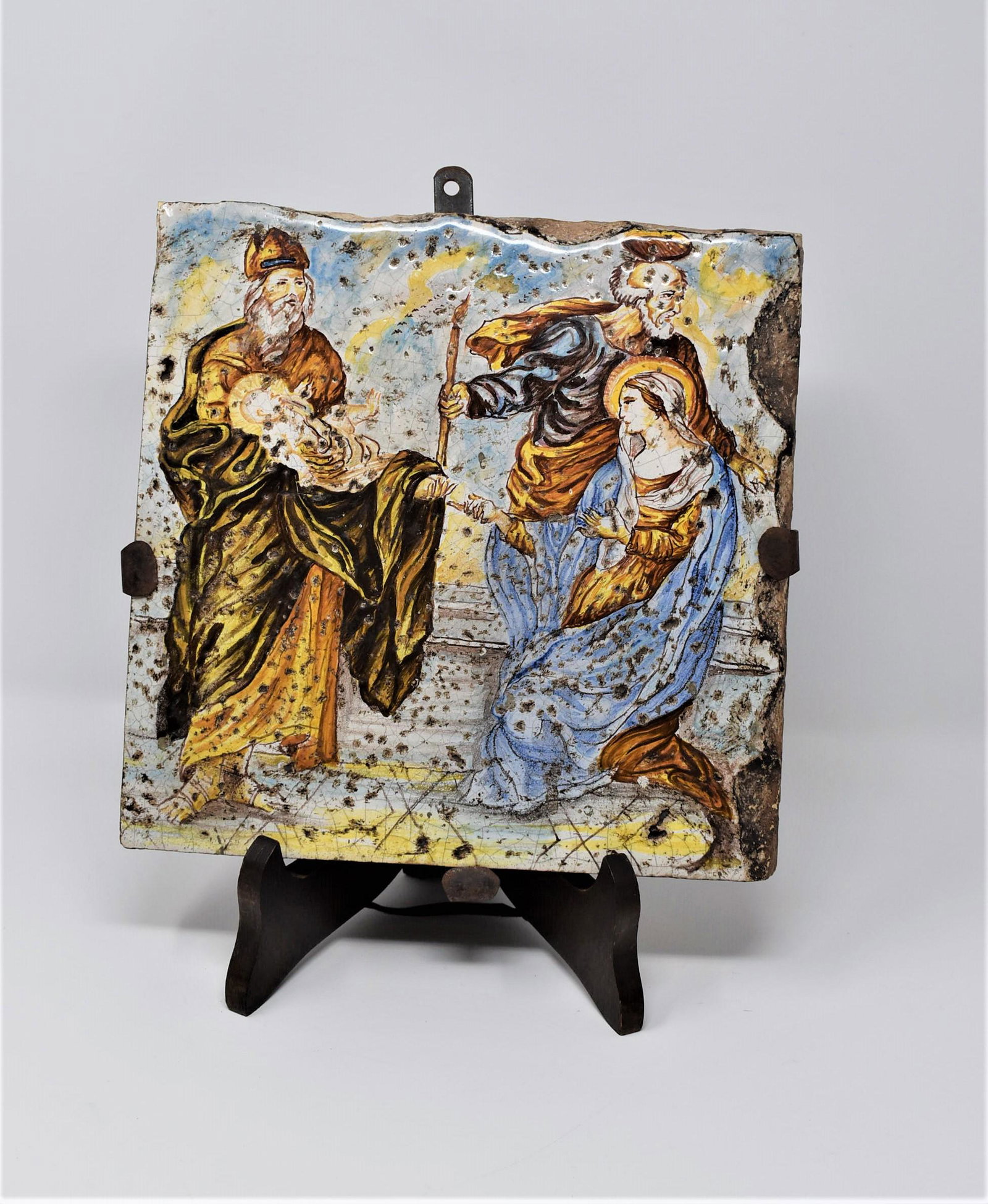 Italian glazed ceramic tile, Holy Family and a Saint (1 of 9)