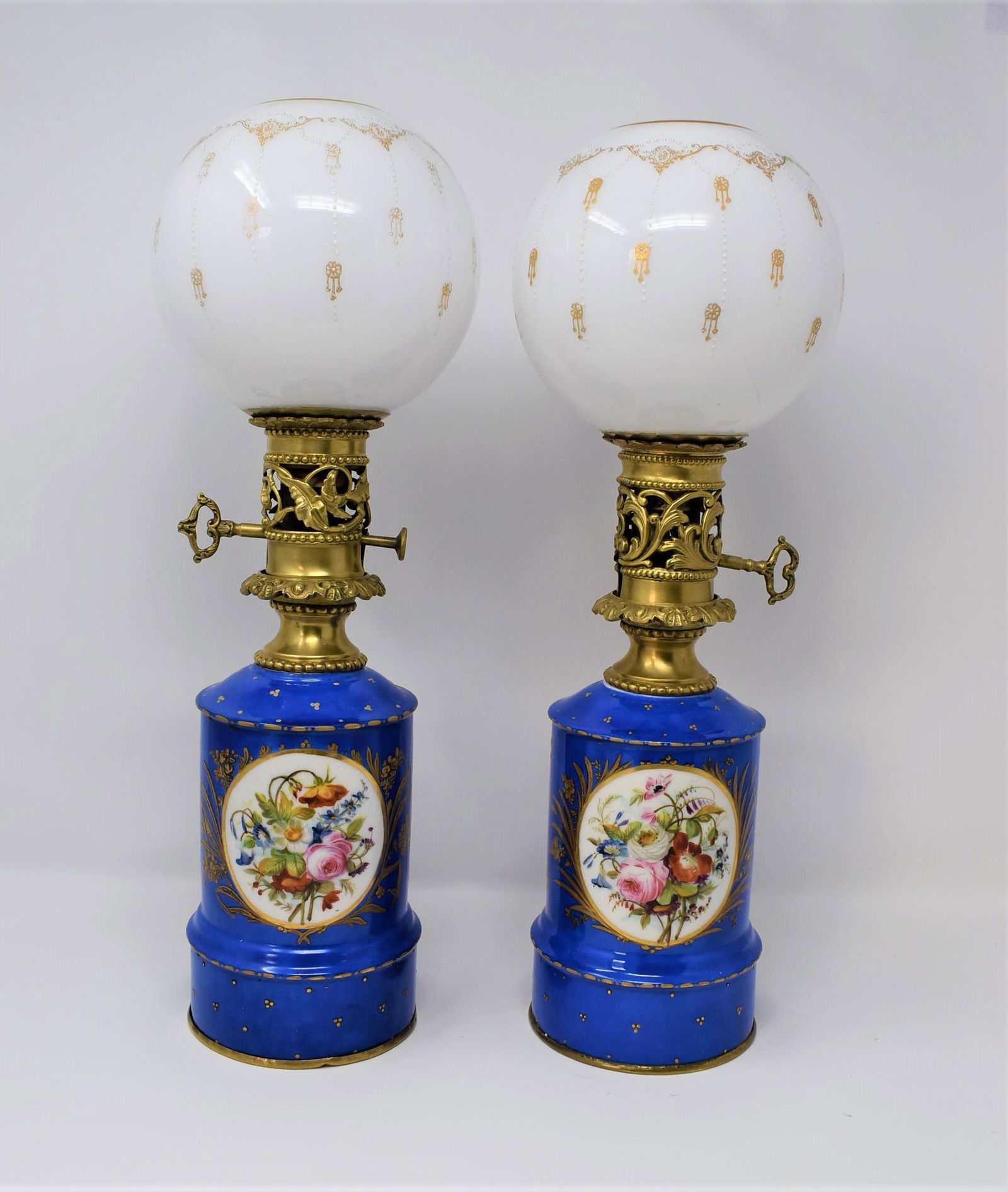 Pair Of Antique Paris Porcelain And Glass Oil Lamps