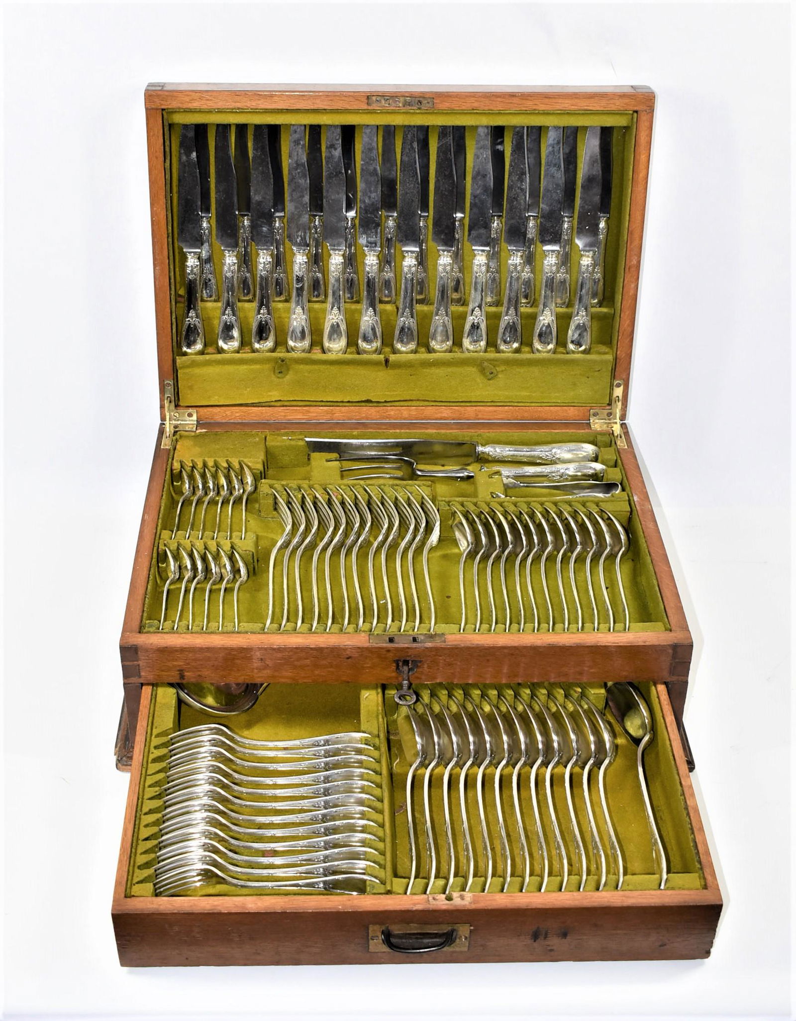 Antique French silver-plated flatware set for 12 in original oak box (1 of 17)