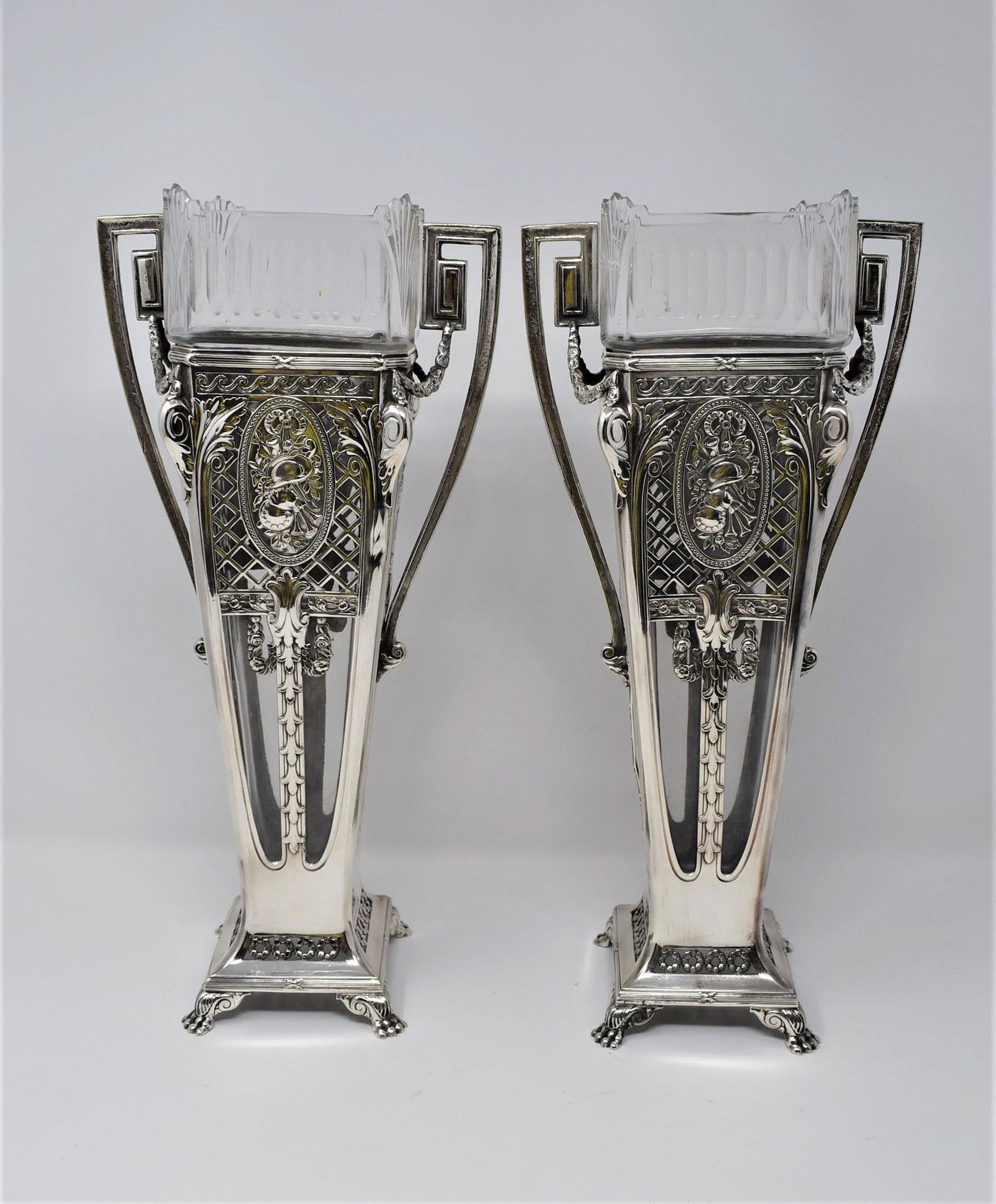 Pair of tall antique silvered metal and cut glass vases (1 of 11)