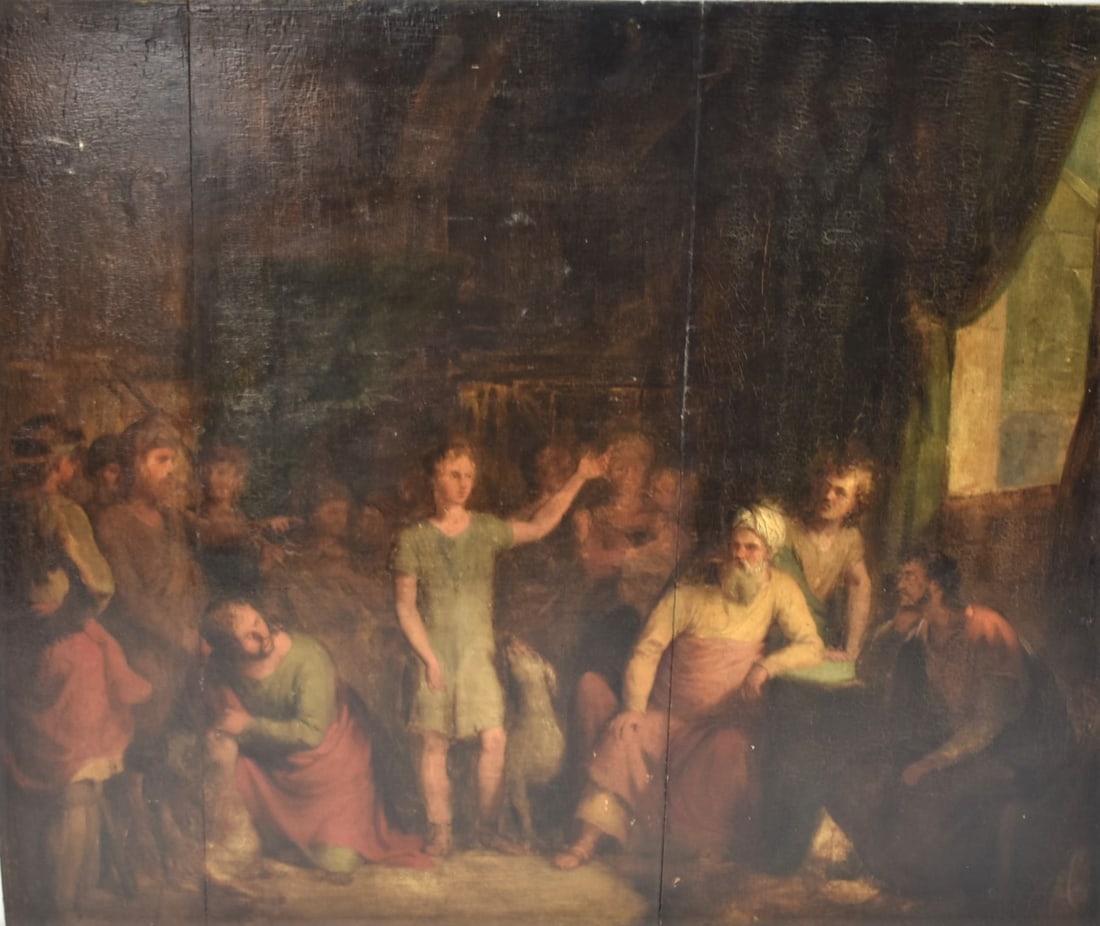 17th/18th cent. Dutch School Joseph and his brothers, circle of Otto Van Veen: A 17th/18th cent. Flemish / Dutch School oil on board depicting Joseph and his brothers? An old paper label on the back attributes this to a follower or the circle of Otto Venius ( Otto van Veen 1556-