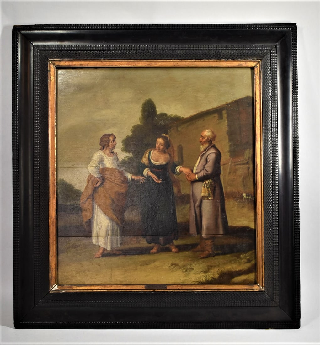 17th cent. Flemish school oil on board: A 17th century Flemish / dutch School oil on board featuring three people outdoors, a young man and an older couple. Iconography un-known. Ebonized frame is Dutch and probably 19th century. A plaque a