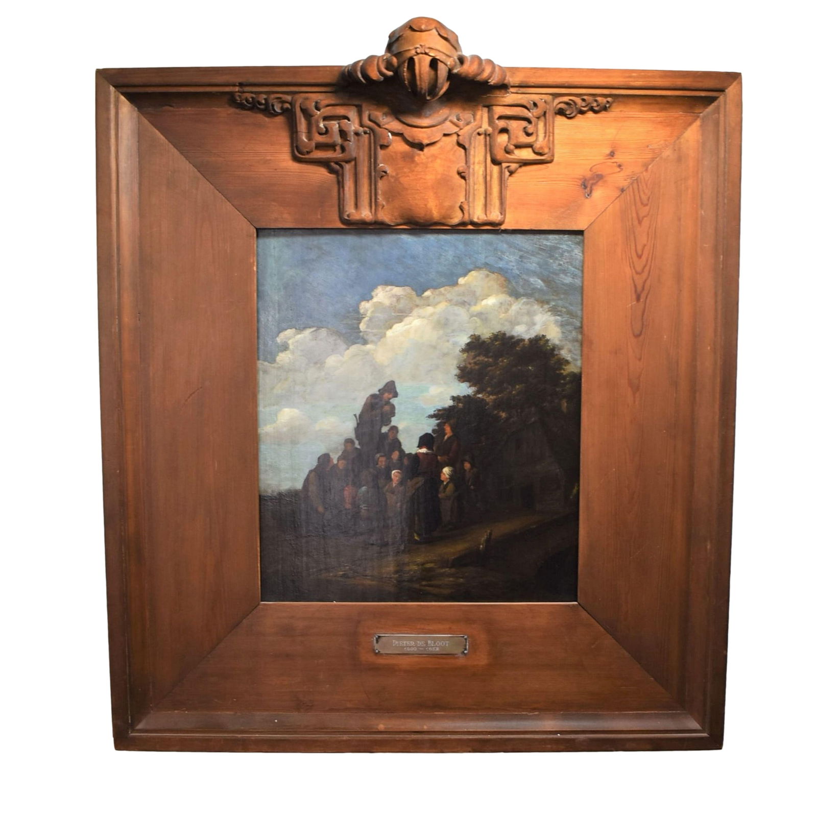 Dutch school oil on board attributed to Pieter de Bloot: A 17th century Dutch school oil on board genre scene with children in landscape attributed to Pieter de Bloot (1601/02-1658), in a 19th century carved wood frame. Measurements: Total height (including