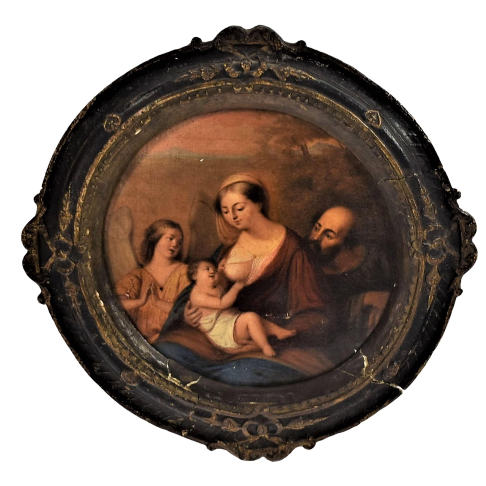 18th /19th cent. Spanish School oil on canvas of the Holy family: An antique 18th/19th century Spanish? school circular oil on canvas representing the Holy Family with an angel, in its original frame. Apparently un-signed. Approximate measurements: 11.25" in diamete