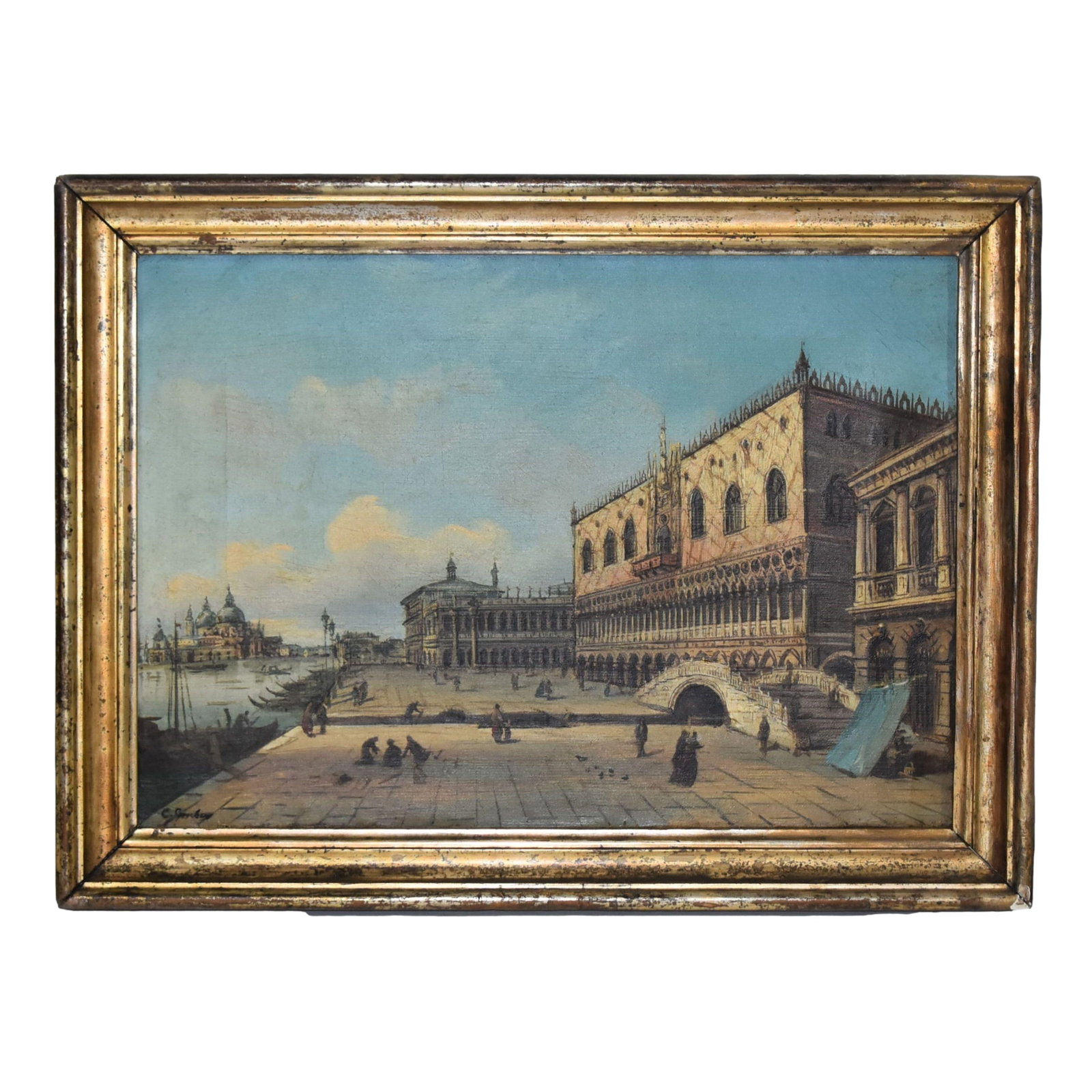 Carlo Grubacs (1812-1870) oil on canvas View of Venice: A oil on canvas featuring a View of Venice's "Riva degli Shiavoni", Doge's palace and Santa Maria Della Salute in the background signed 'C. Grubacs" for Carlo Grubacs (1812/1870). Measurements (includ