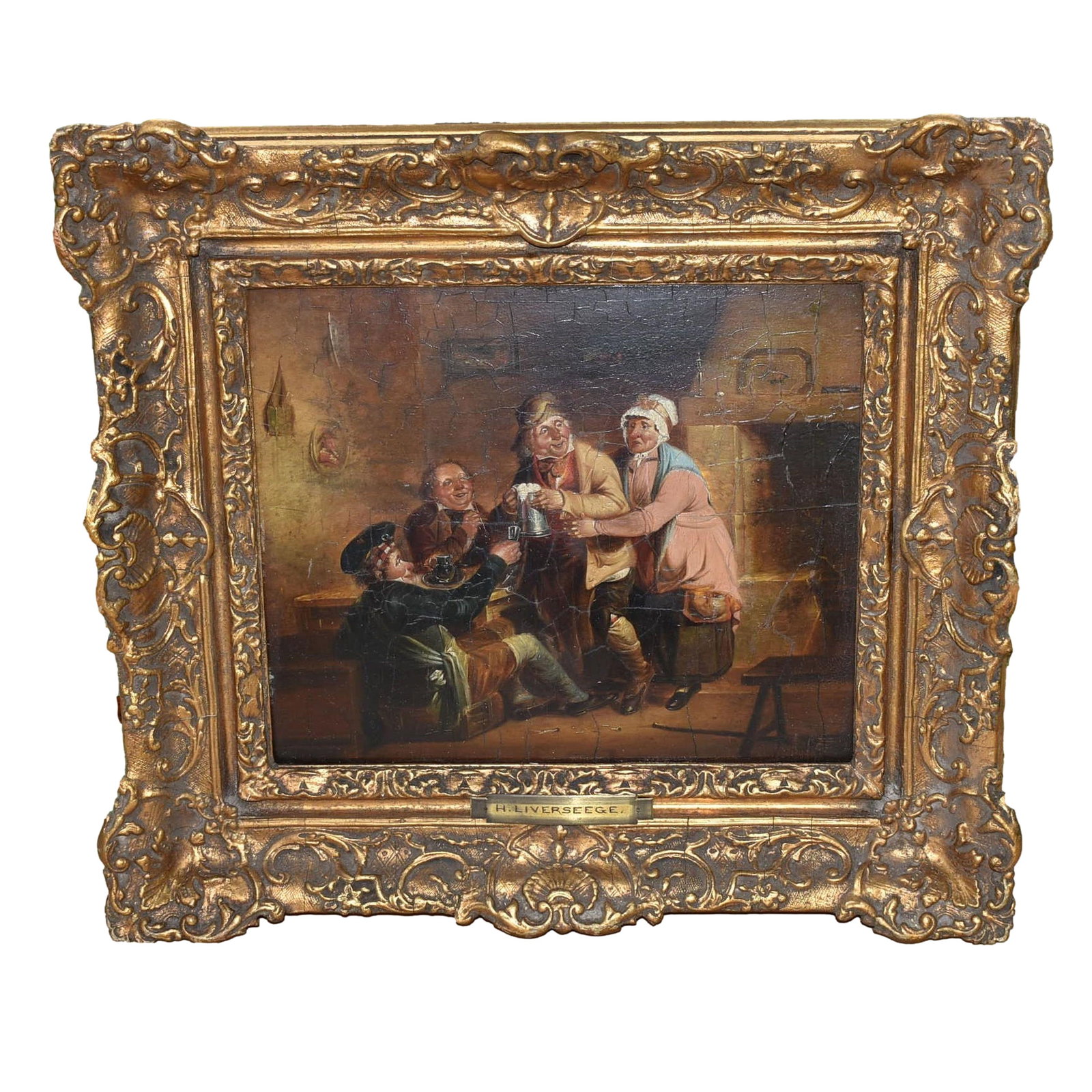 HENRY LIVERSEEGE (British 1803-1832) oil on board genre / tavern scene: An antique HENRY LIVERSEEGE (British 1803-1832) oil on board genre / tavern scene. Signed lower right. Approximate measurements (overall, including frame): 24"H x 29.5"W. Oil on board: 18"H x 24"W