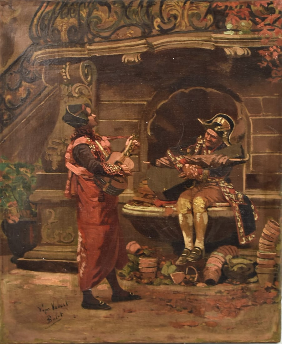 Antique Spanish oil of canvas genre scene with musicians: An antique spanish oil on canvas genre scene featuring two musicians at rest in a patio. Signed indistinctly lower left. No frame Approximate measurements: 16"H x 13.25'W (40.6cmx33.6cm) Deker Auction