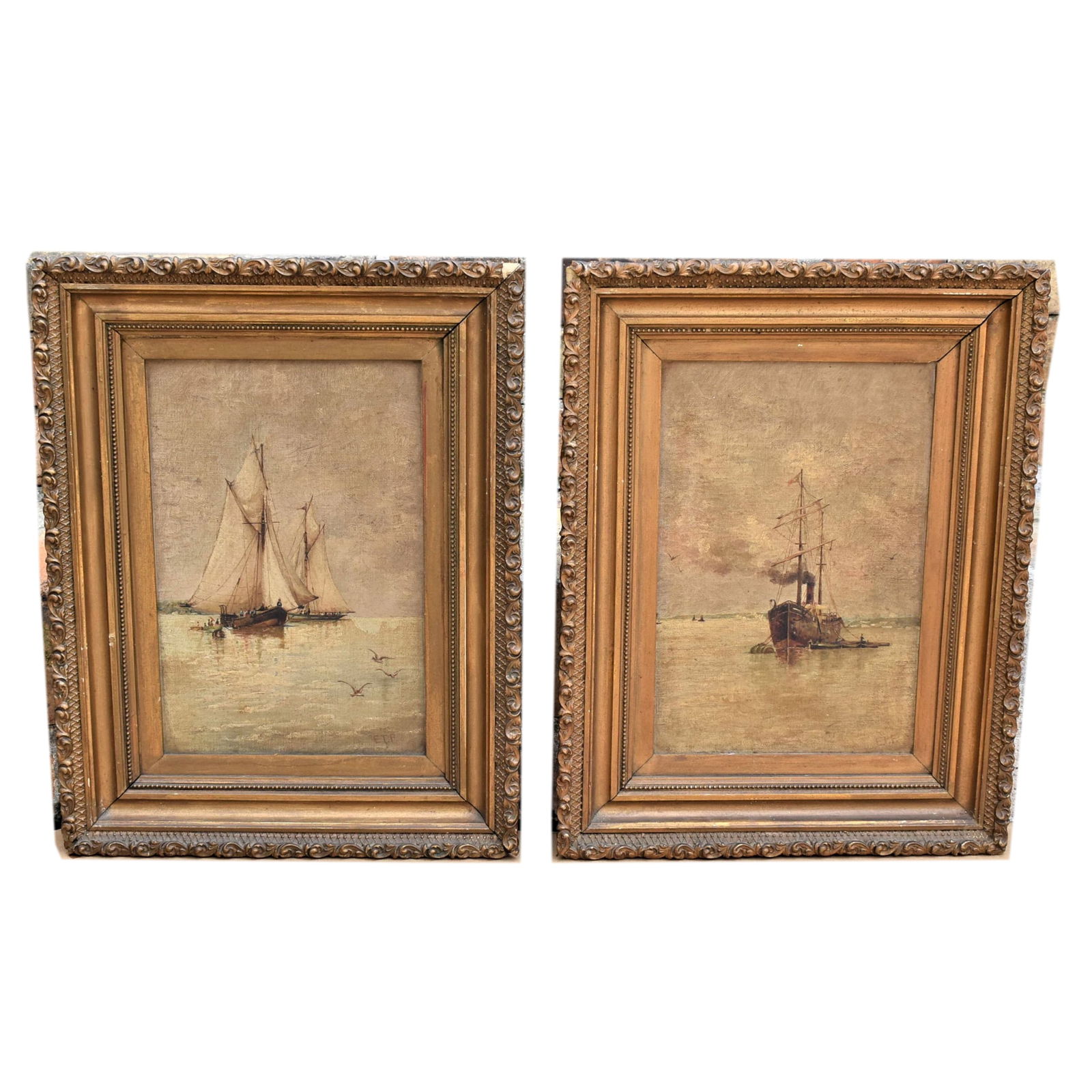 Pair of antique English School oils on canvas of sailboats, initialed " E.T.F": A pair of antique oils on canvas featuring sailboats signed " E.T.F" lower right. Probably British, late 19th, early 20th century. Approximate measurements (overall, including frames): 17"H x 13"W. Oi