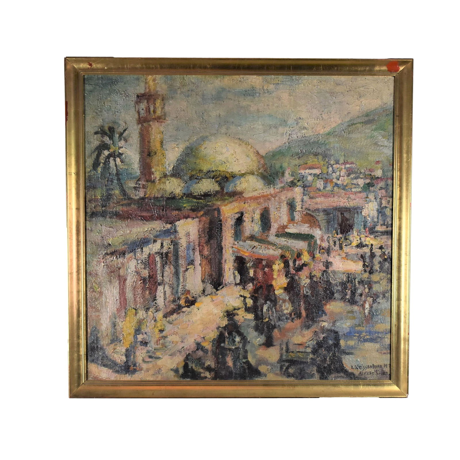 1930's post impressionist orientalist oil signed WEISSENBORN: A 1930's post impressionist orientalist oil on masonite board of Alexandria, Egypt by female artist Katharina Auguste Wilhelmine WEISSENBORN. Signed lower right and dated. Approximate measurements (ov