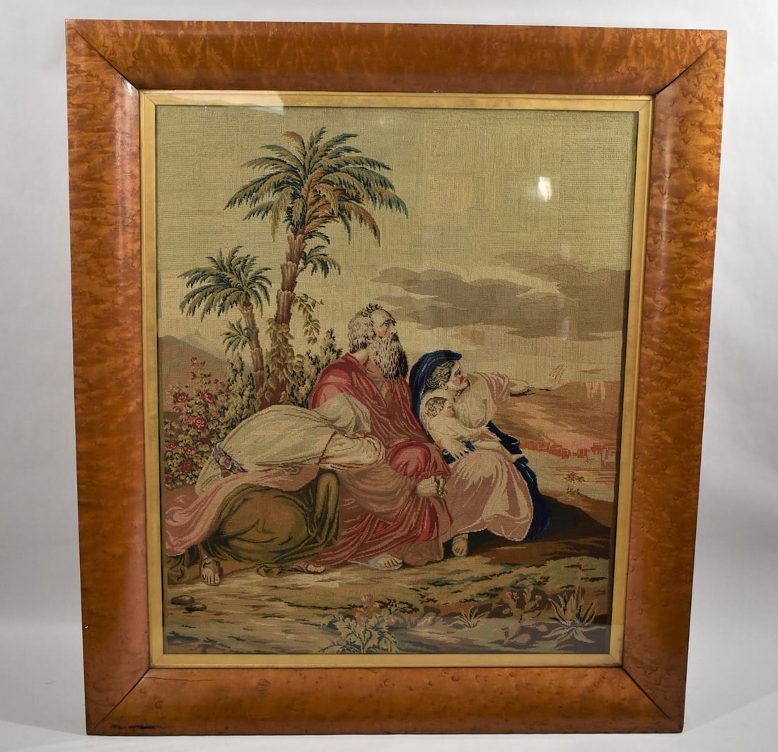 Antique needlepoint embroidery; the Flight to Egypt: An antique needlepoint wood embroidery featuring the holy family's Flight to Egypt in its beautiful original burled elm frame. Under glass. Dimensions ( including frame): 34.5"H x 30"W ( 87.7cmx 76.2c