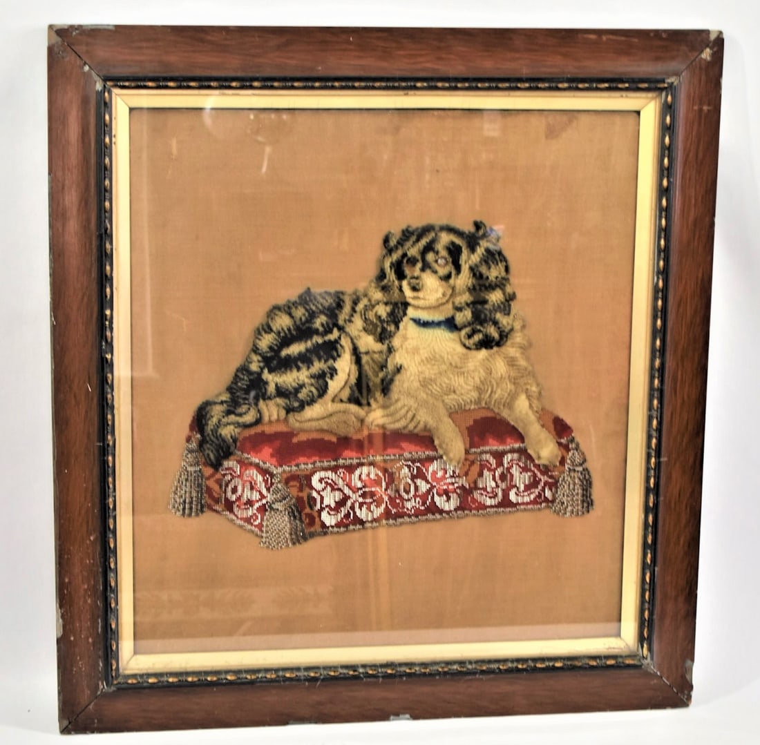 Antique English Victorian embroidery of Dash: An antique Victorian era wool and glass beads embroidery on linen of Queen Victoria's beloved pet Dash. Queen Victoria was a dog lover from an early age. For her 17th birthday a portrait of Dash, her