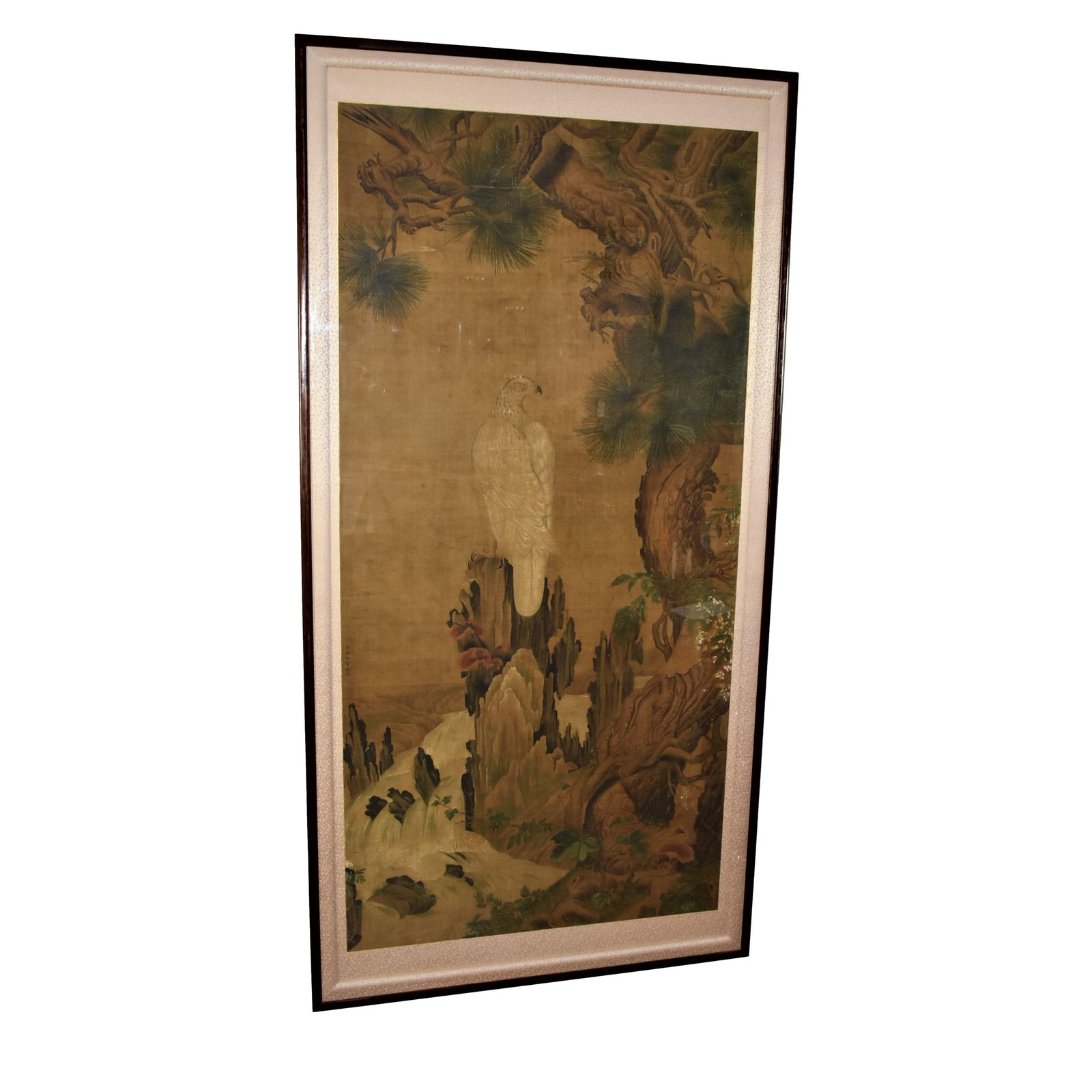 Large early Chinese painting on silk with Bird of prey: A large antique or vintage Chinese painting on silk of a bird of prey in a mountainous landscape. Signed on the left. Framed and under plexiglass. From a Dix Hills, NY estate Measurements (overall, in