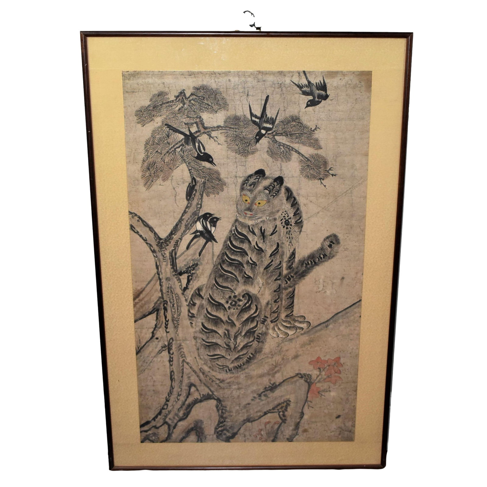 Antique Korean painting: Minhwa Tiger and magpies: An antique or vintage Korean ink painting on paper featuring Minhwa Tiger and Magpies. Apparently unsigned. Framed and under glass. From a Dix hills NY estate. Approximate measurements (overall: inclu