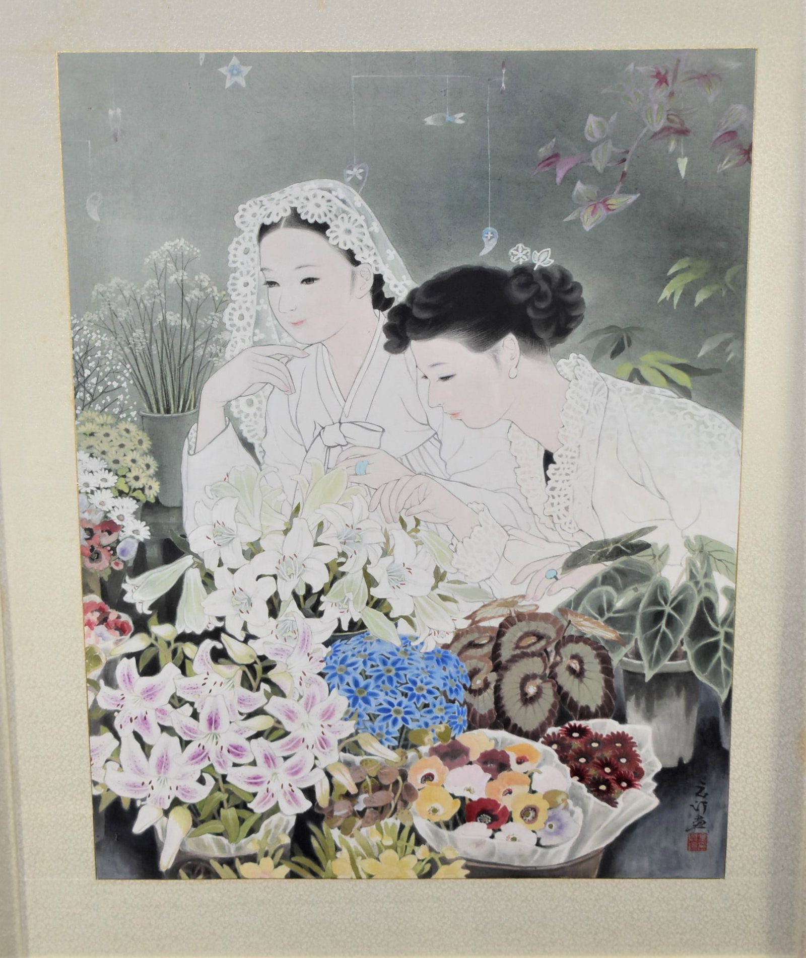 Vintage Korean Lithograph featuring two maidens with flowers: A vintage korean watercolor on paper featuring two maidenswith flowers, framed and under glass. From a Dix Hills, NY estate. 31 "H x25"W (78.5cm x 63.5cm) Deker Auctions will not perform any shipping 