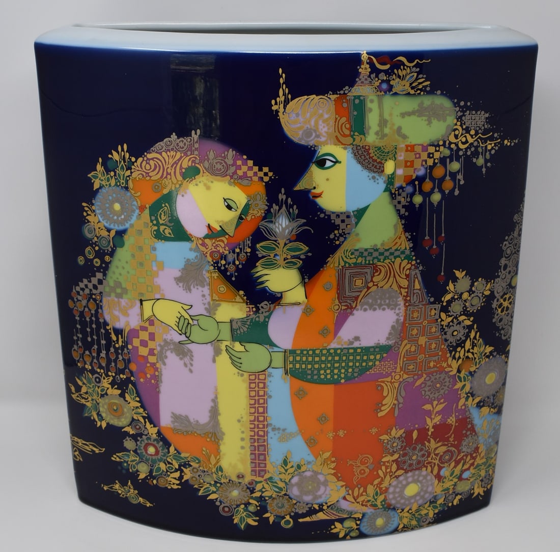 14 inch tall BJORN WIINBLAD for Rosenthal porcelain vase: A large, 14 inch tall Bjorn Wiinblad for Rosenthal Studio linie porcelain vase. From a Dix Hills NY estate. Measurements: 14.24"H x 13.5"W x 5.25"D Deker Auctions will not perform any shipping or pack