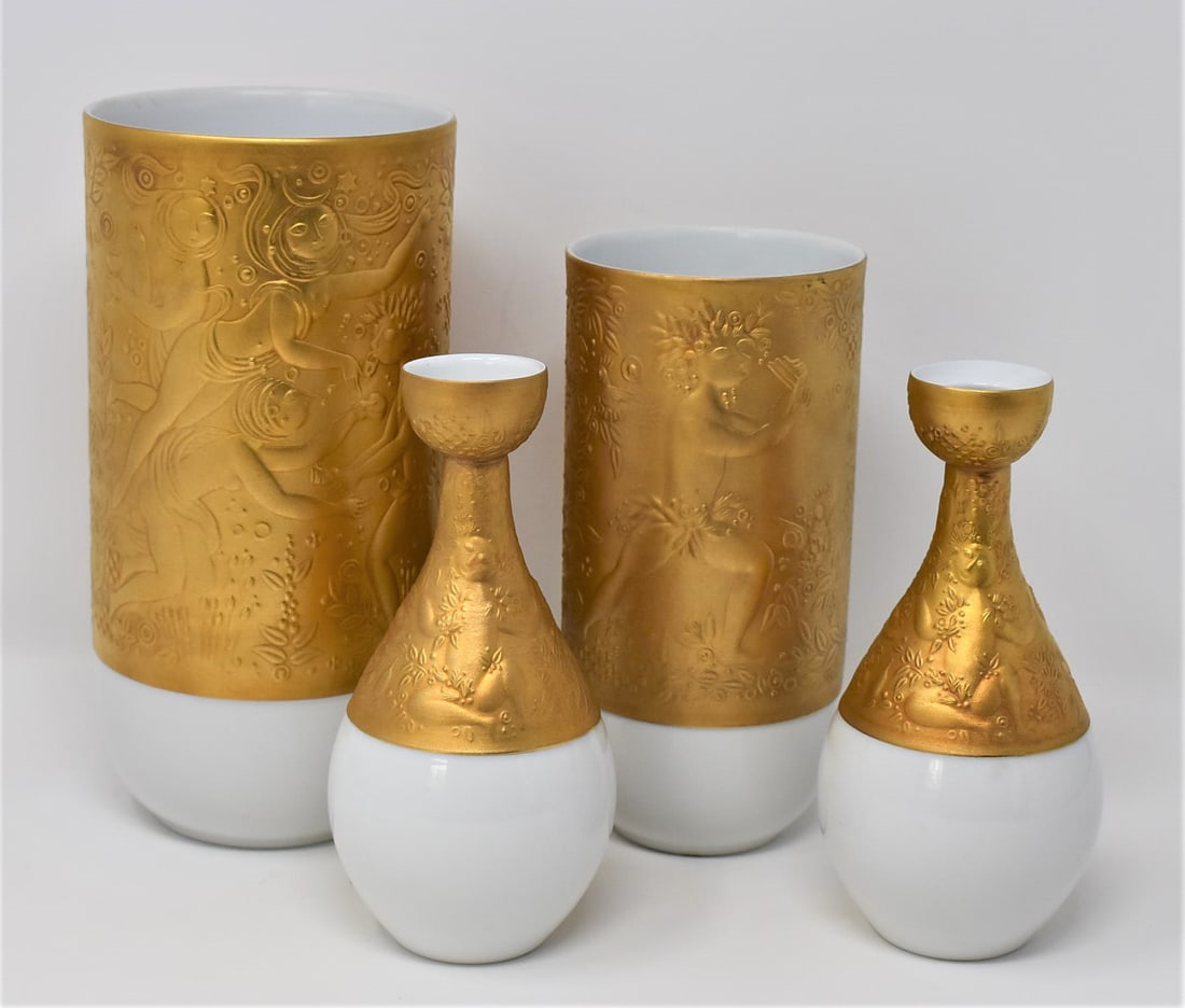 Grouping of Bjorn Wiinblad for Rosenthal" magic flute" porcelain: A grouping of four porcelain items in the " Die Zauberflote " or " magic flute " pattern designed by Bjorn Wiinblad for Rosenthal. Includes two cylindrical vases (8.25"H x 4" in diameter and 6.75"H x 
