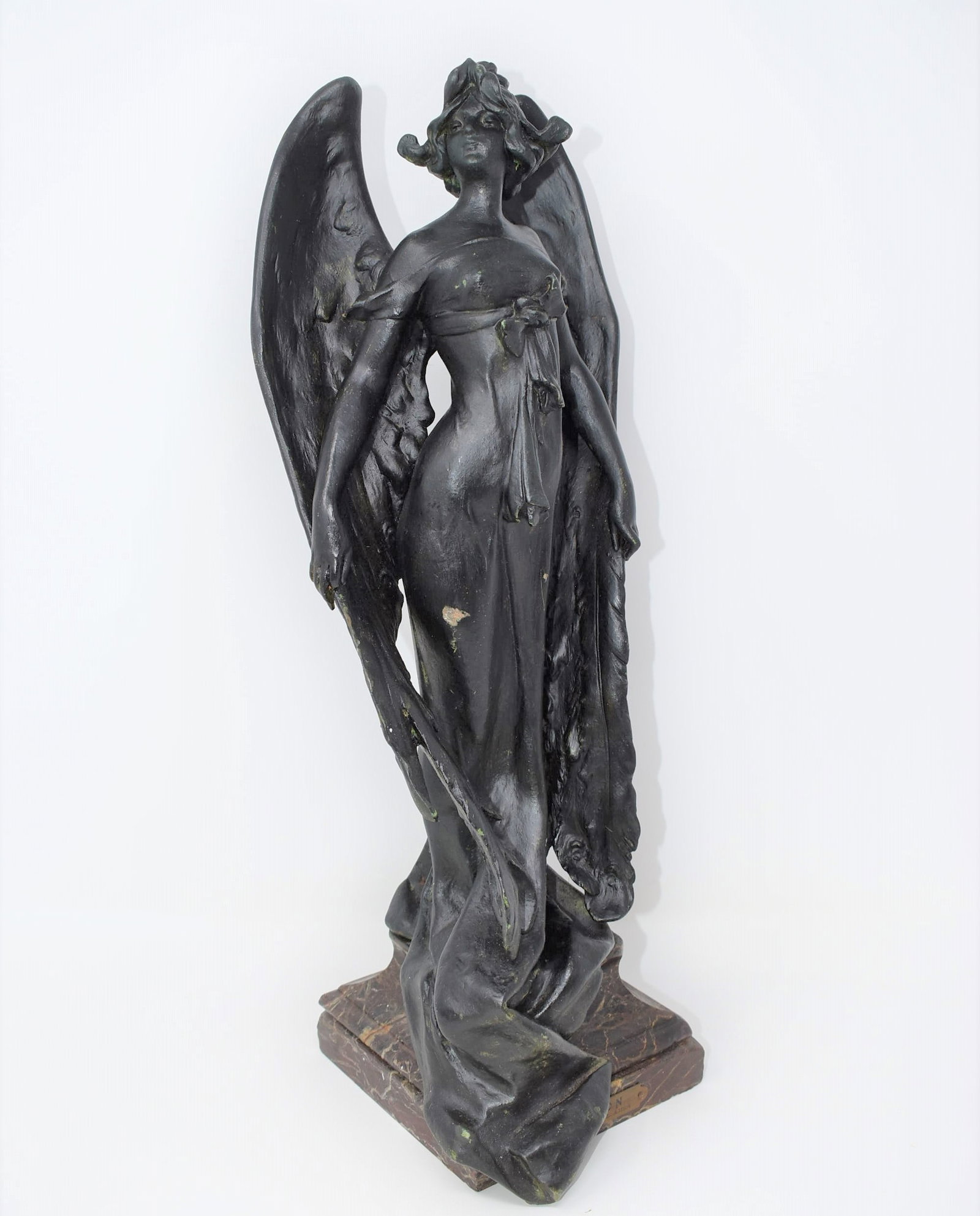 Lucien Alliot Spelter Figural Sculpture: " Juno": An antique French bronze sculpture title " Juno" and signed "Alliot" for Lucien Charles Edouard Alliot (1877-1967). Set onto an original red marble base. Circa 1905. Approximate measurements: 18"H x 6