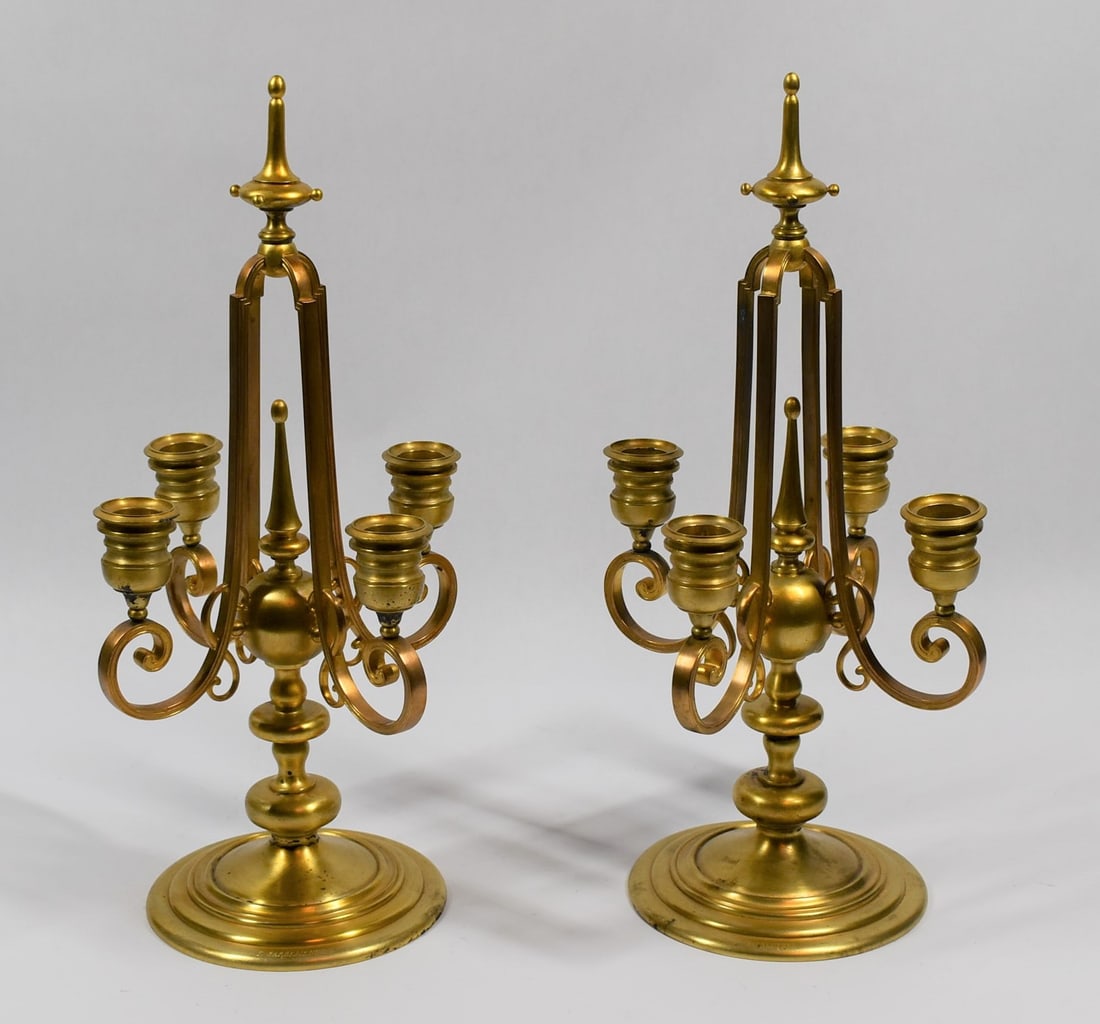 A pair of four-light gilt bronze candelabra: A pair of antique or vintage four-arm gilt bronze candelabra. Each one engraved "F. Barbedienne" on top of the circular base. Approximate measurements: 15.75"h x 8"W x 8"D In-house domestic shipping i
