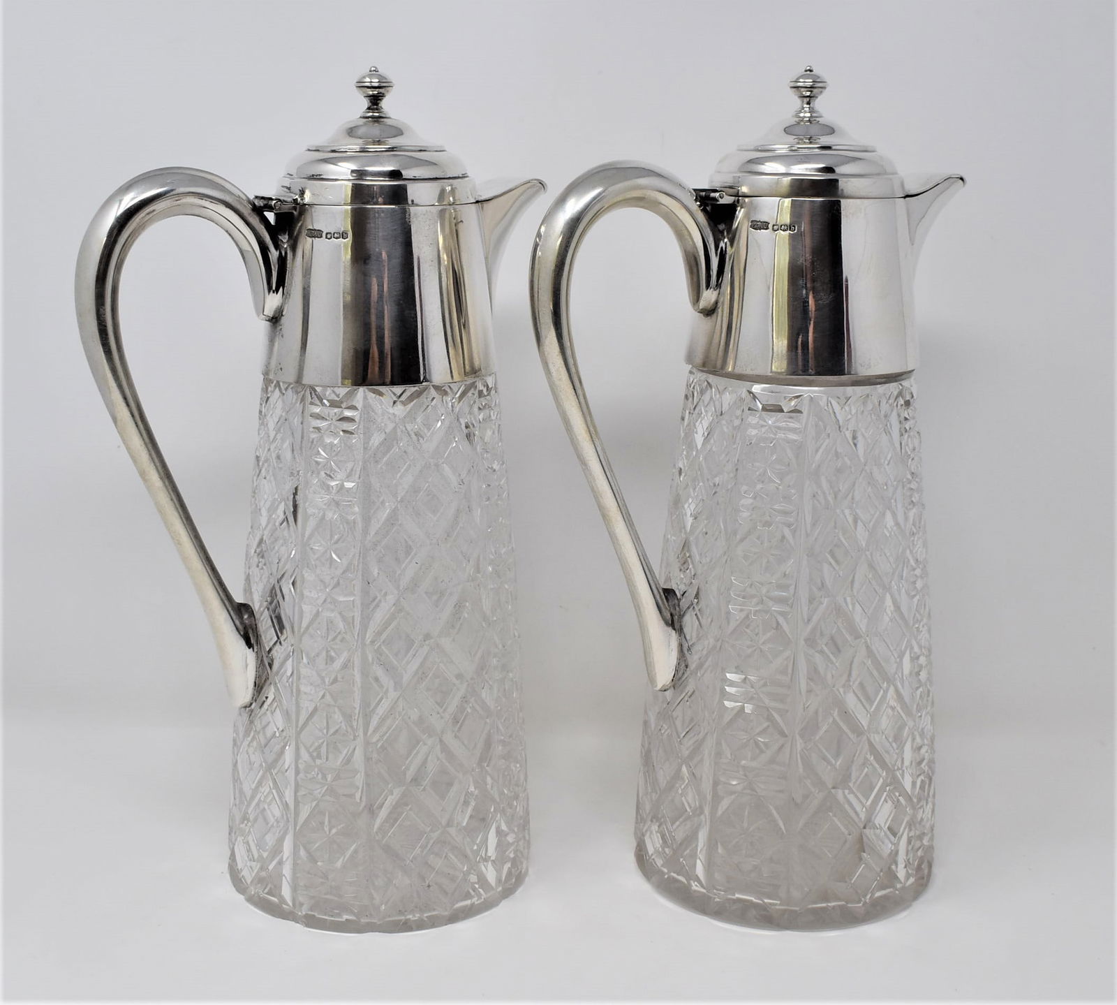 Pair of antique English sterling silver mounted glass claret jugs / decanters (1 of 13)