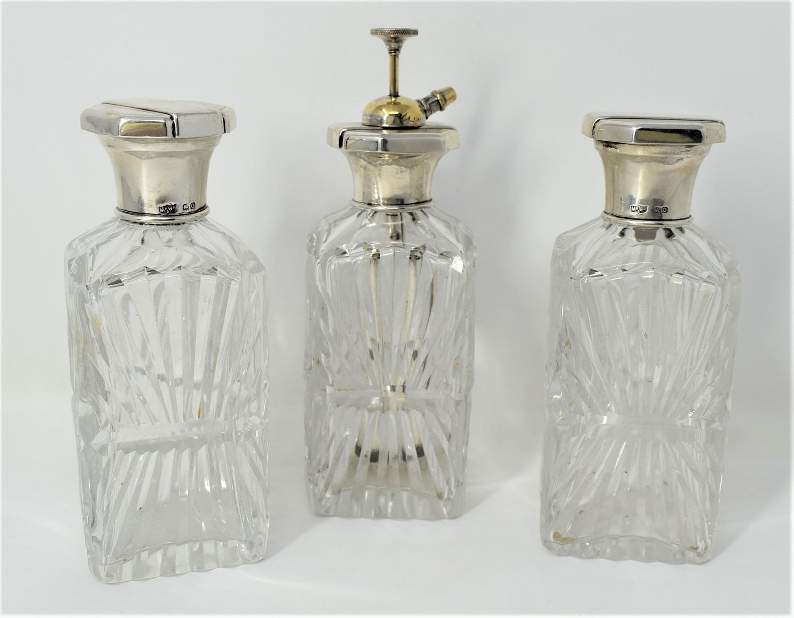 Set of English Art Deco Sterling Silver mounted and cut glass bottles, Mappin & Webb, 1909 (1 of 11)