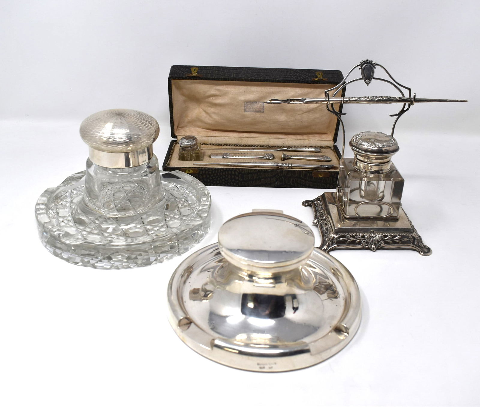 A grouping of  four antique and vintage silver inkwells / desk items (1 of 20)