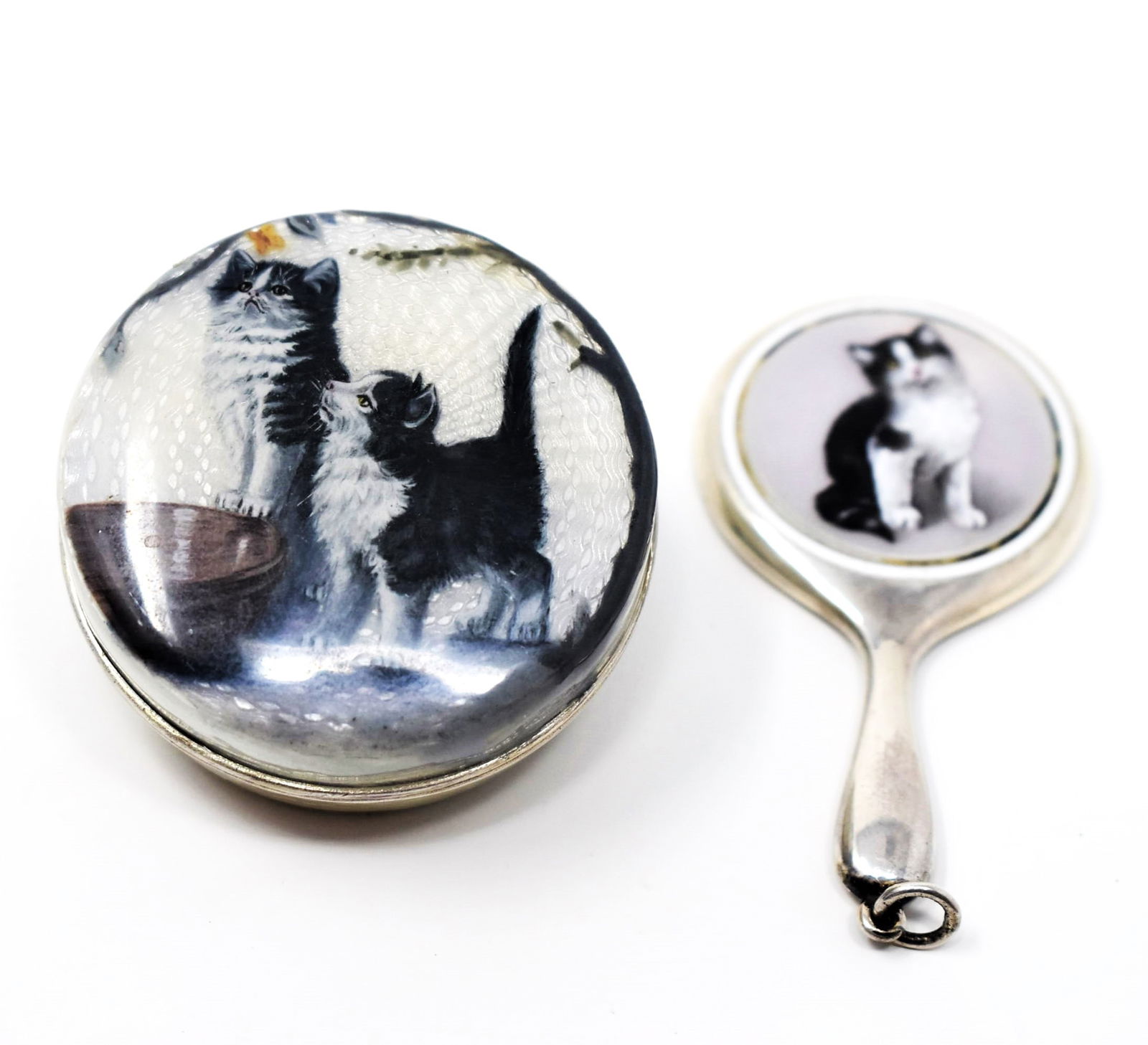 Two silver and guilloche enamel vanity items with cat motif (1 of 15)