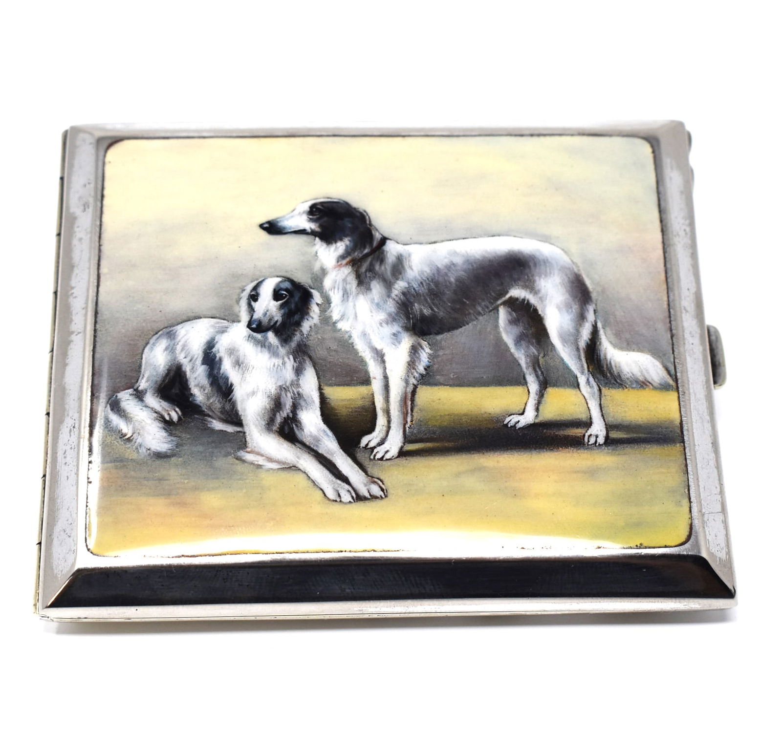 Antique Austrian enamel and alpaca cigarette case with Borzoi motif (1 of 10)