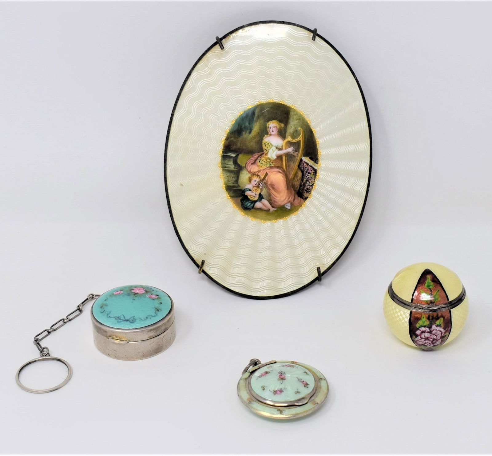 Grouping of silver and guilloche enamel pillboxes and a guilloche enamel plaque (1 of 20)