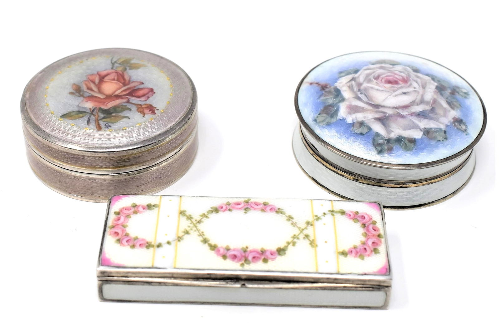 Antique sterling silver and guilloche enamel pill boxes with flower motif (1 of 20)