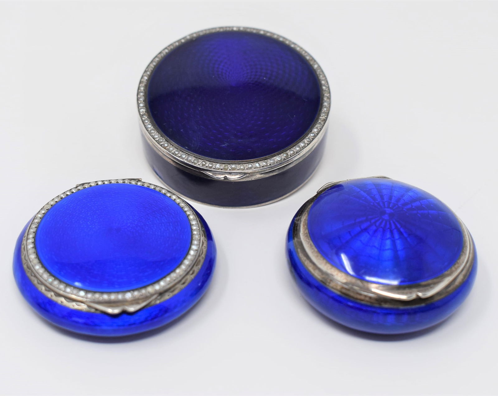 Three Sterling silver and cobalt blue guilloche enamel pill boxes (1 of 18)