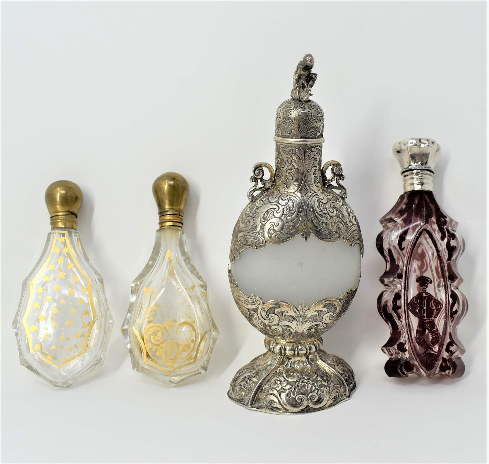 Grouping of 4 antique silver and brass mounted perfume bottles (1 of 19)