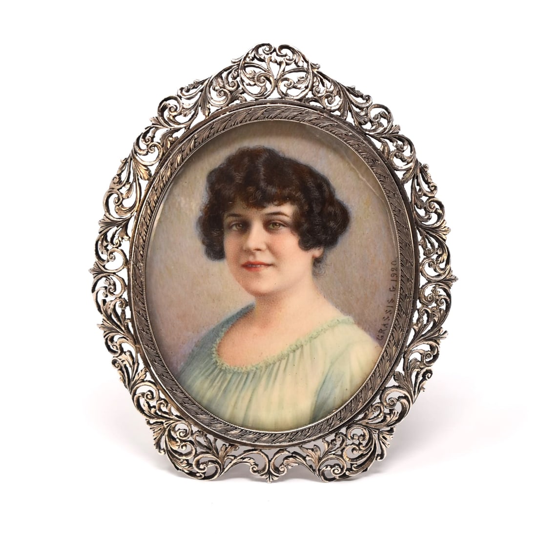 Miniature portrait by Giuseppe Grassis, 1920 in silver frame. (1 of 6)