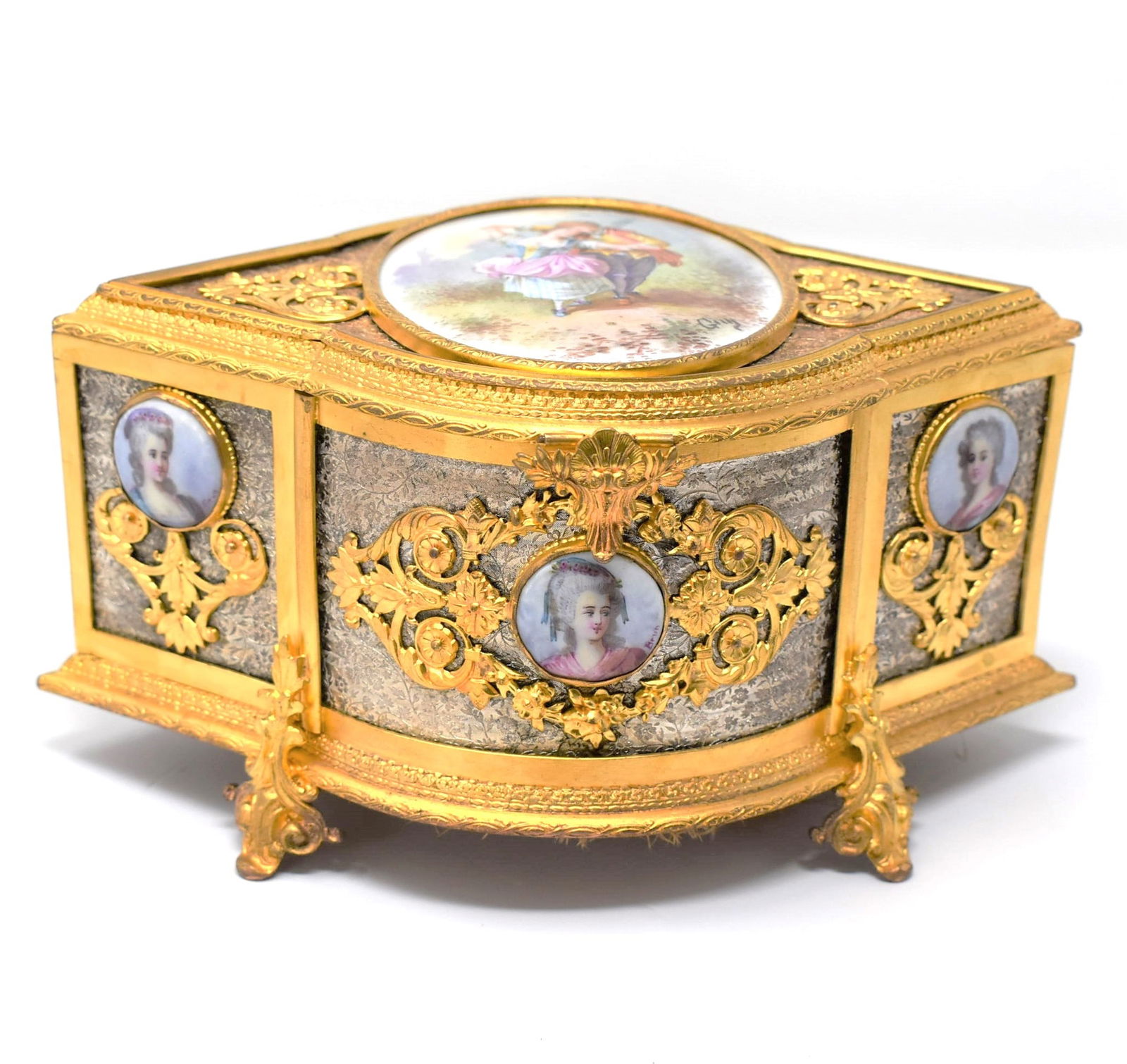 Antique French gilt and silvered jewelry box with porcelain plaques (1 of 11)
