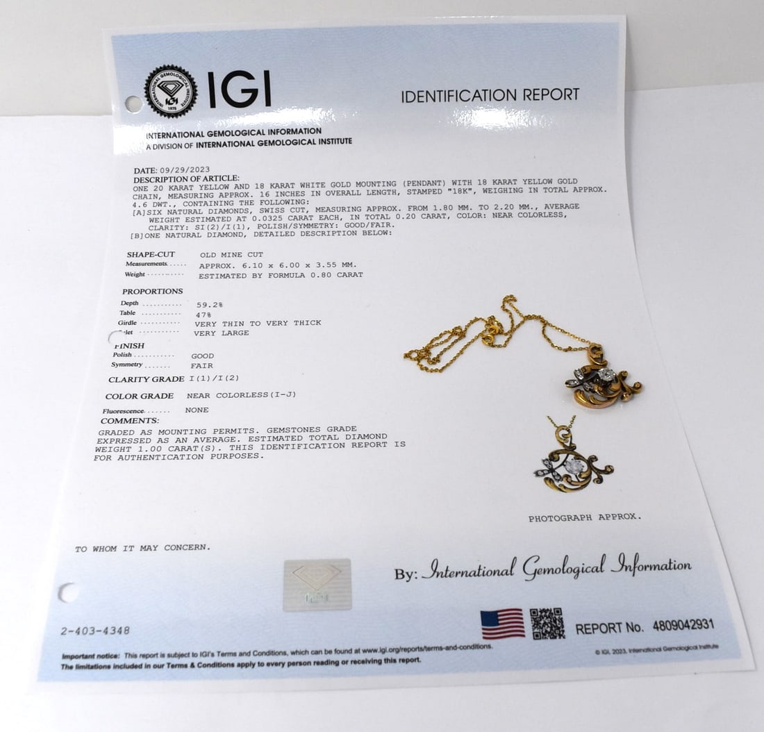 Antique 20K yellow and 18 K white gold and diamond pendant and chain (1 of 6)