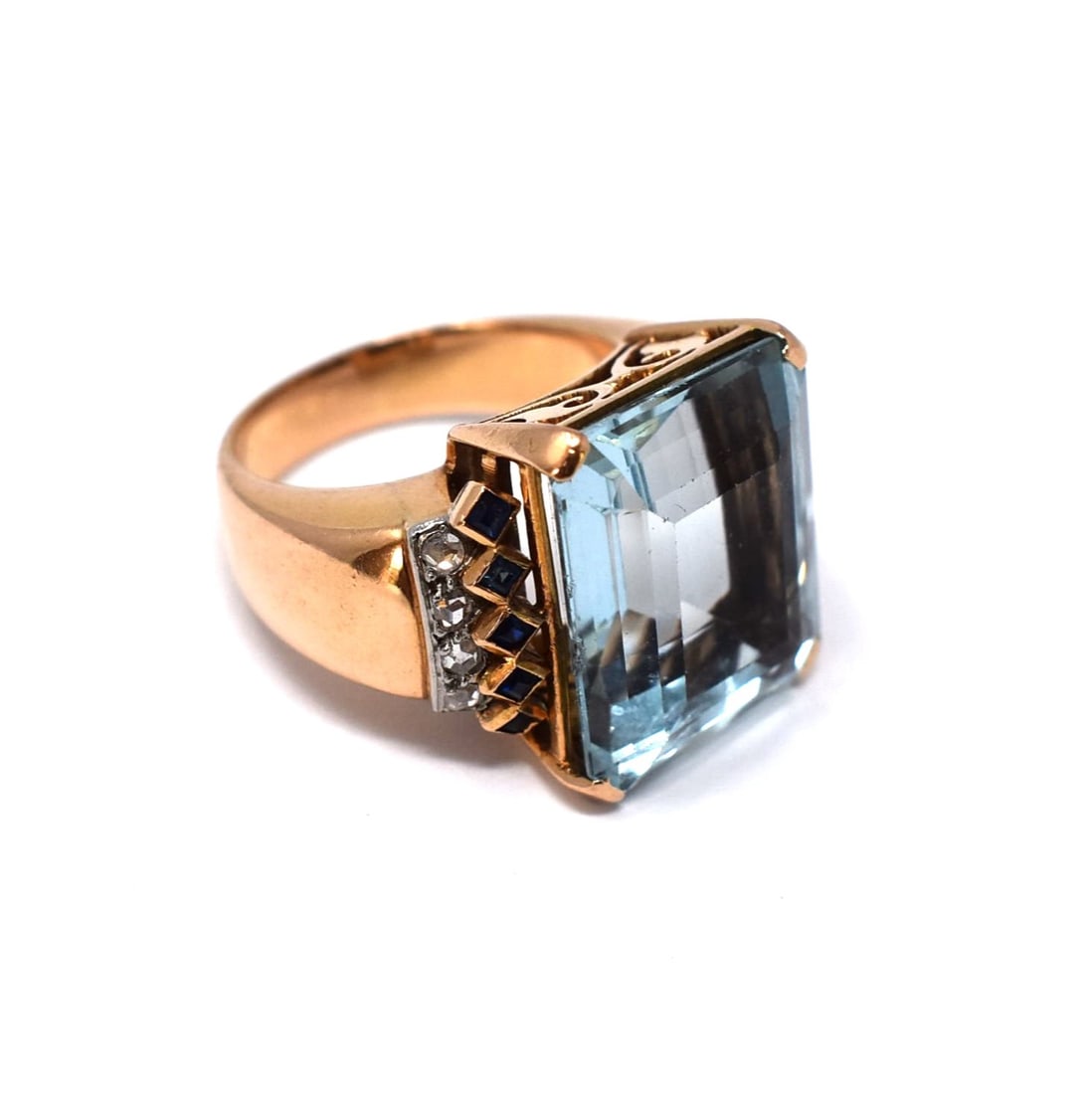 Vintage 18K gold aquamarine, corundum and diamond cocktail ring (1 of 9)