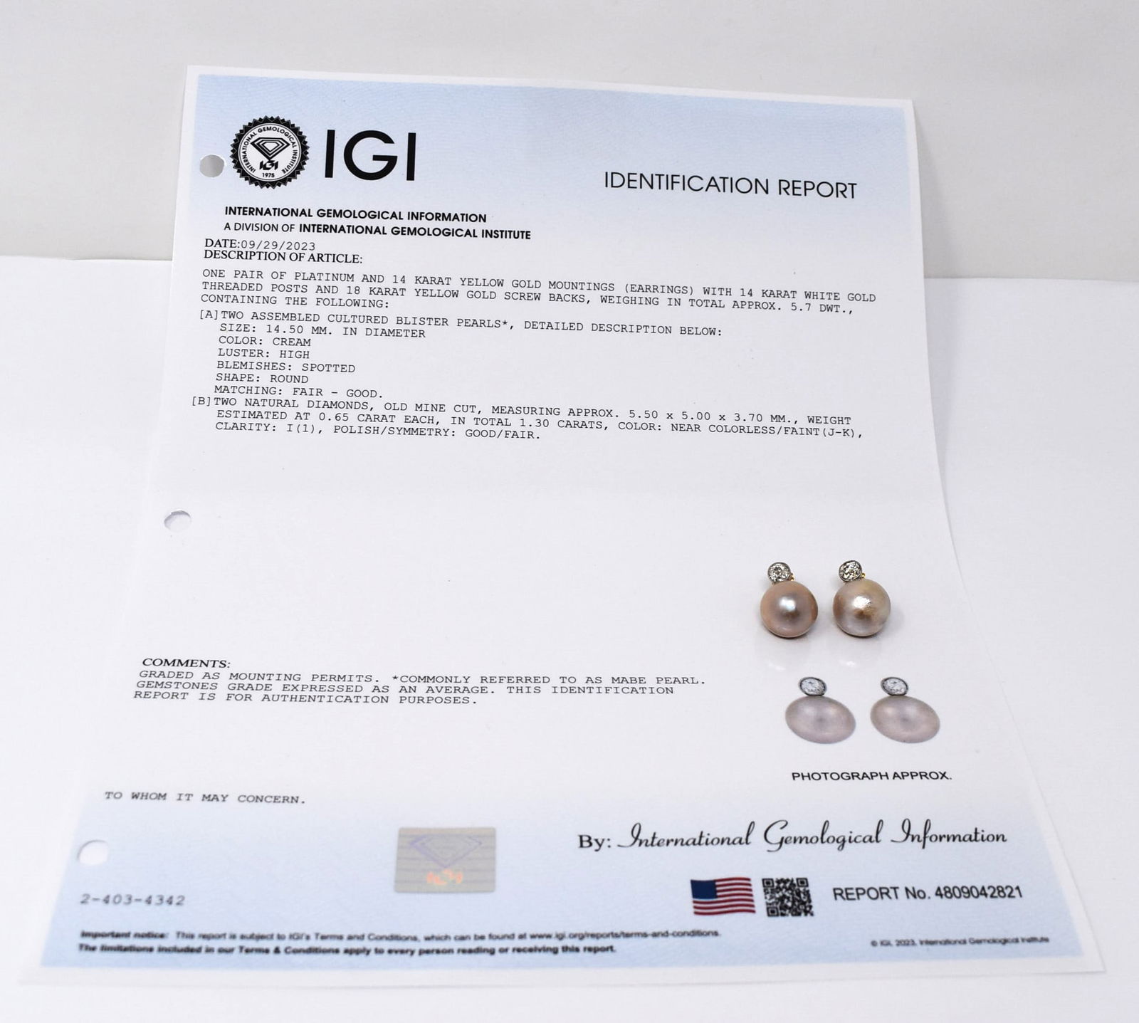 Pair of platinum, 14K yellow gold, diamond and pearl earrings (1 of 5)