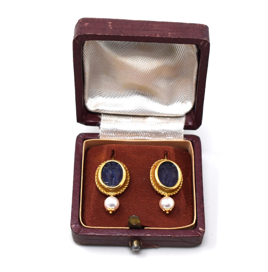 Pair of vintage 18K gold, pearl and intaglio earrings (1 of 7)