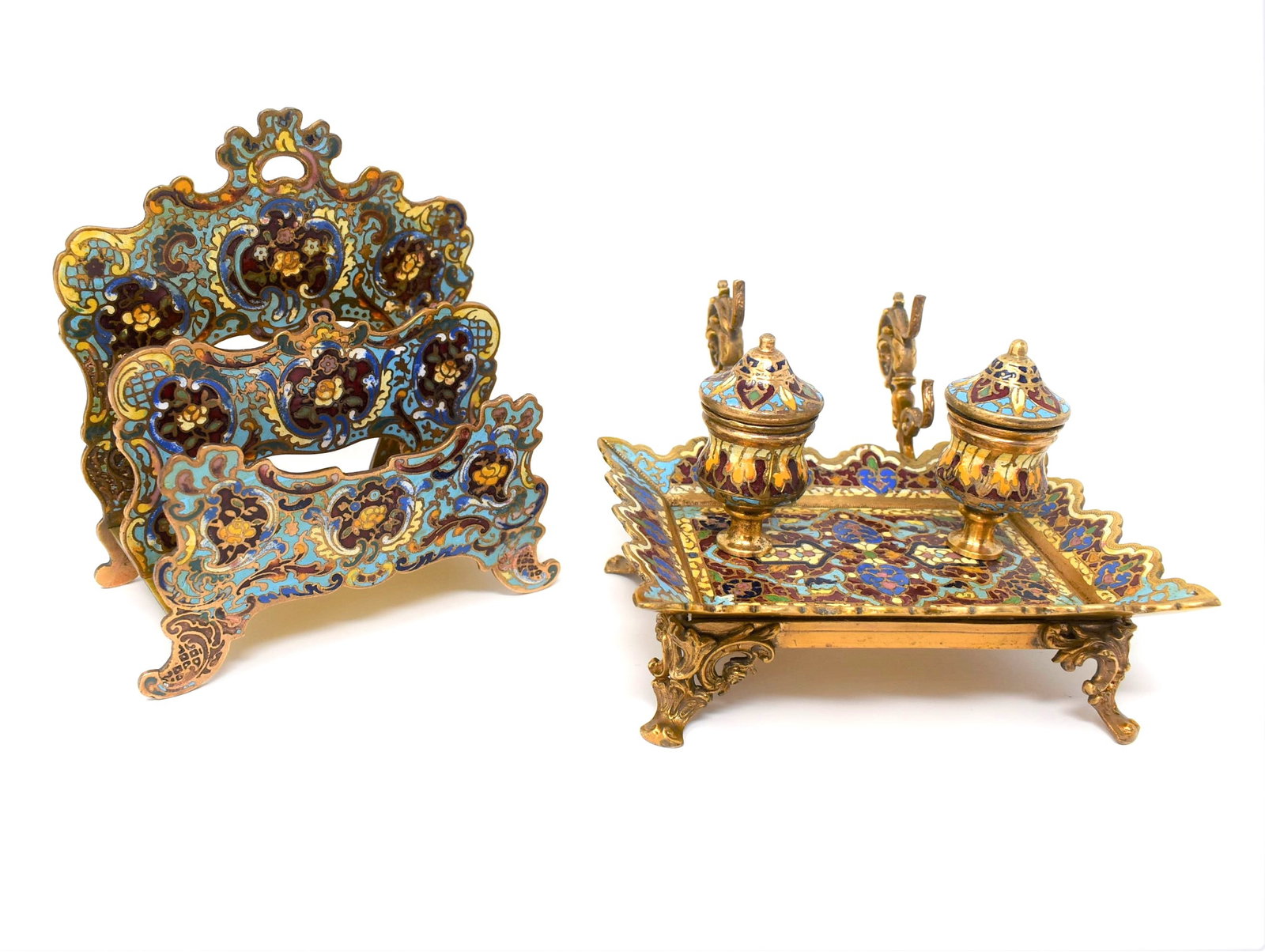 Antique gilt bronze and champleve enamel inkstand and letter rack marked Tiffany & Co. (1 of 11)