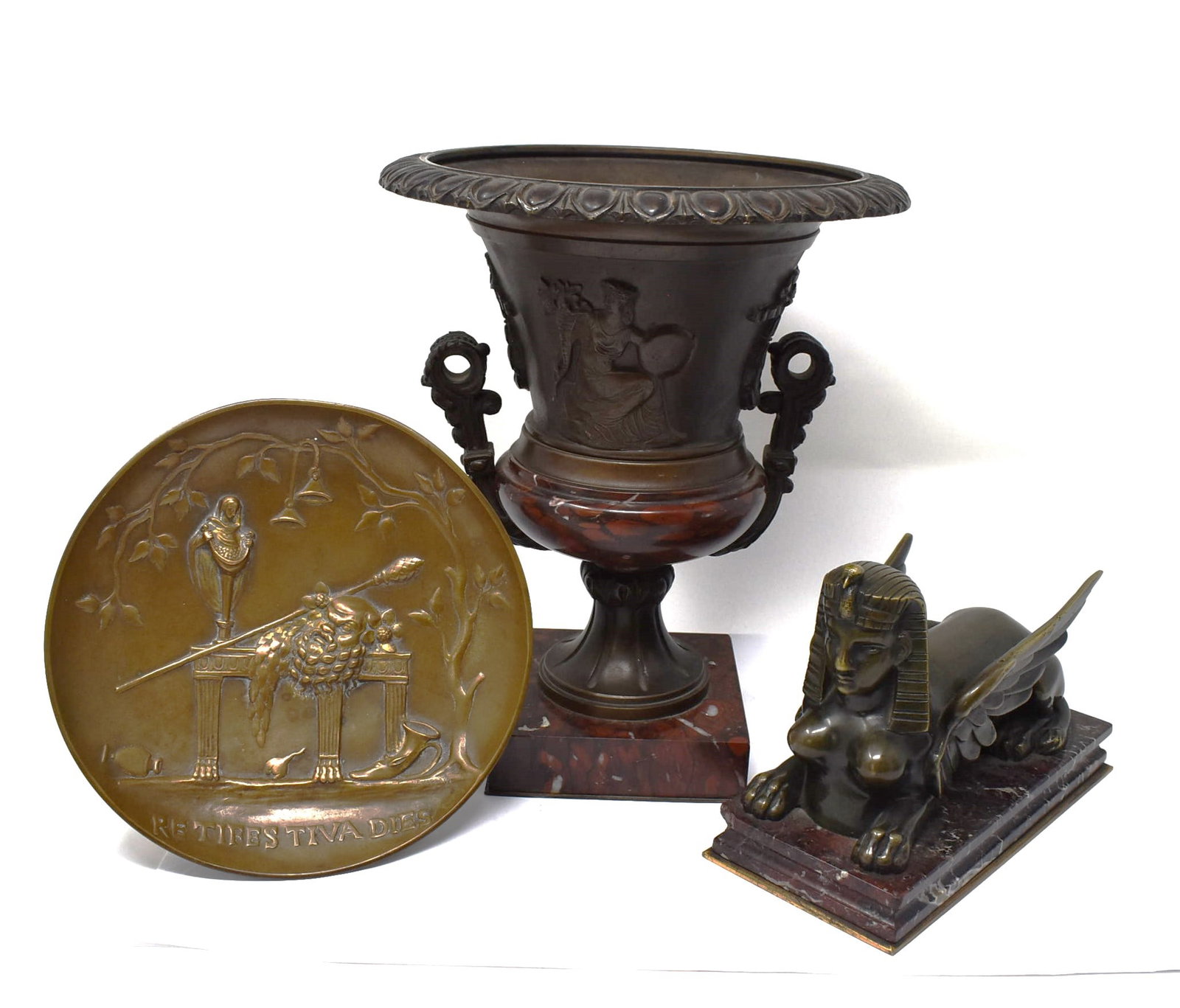 Grouping of three Neo-classical bronze items: urn vase, tazza and paper weight (1 of 20)