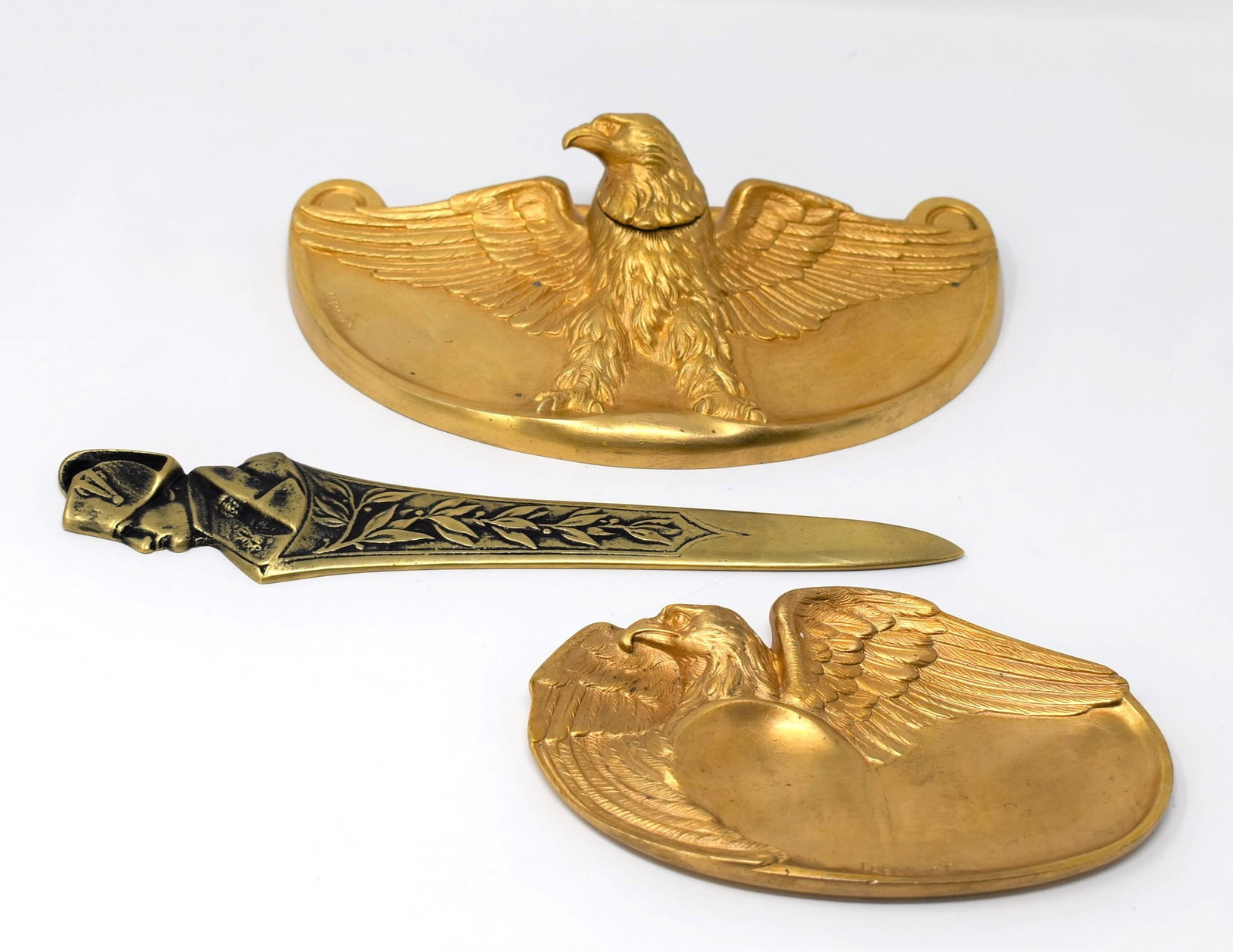 Three Empire style gilt bronze desk items, two signed Frecourt (1 of 9)
