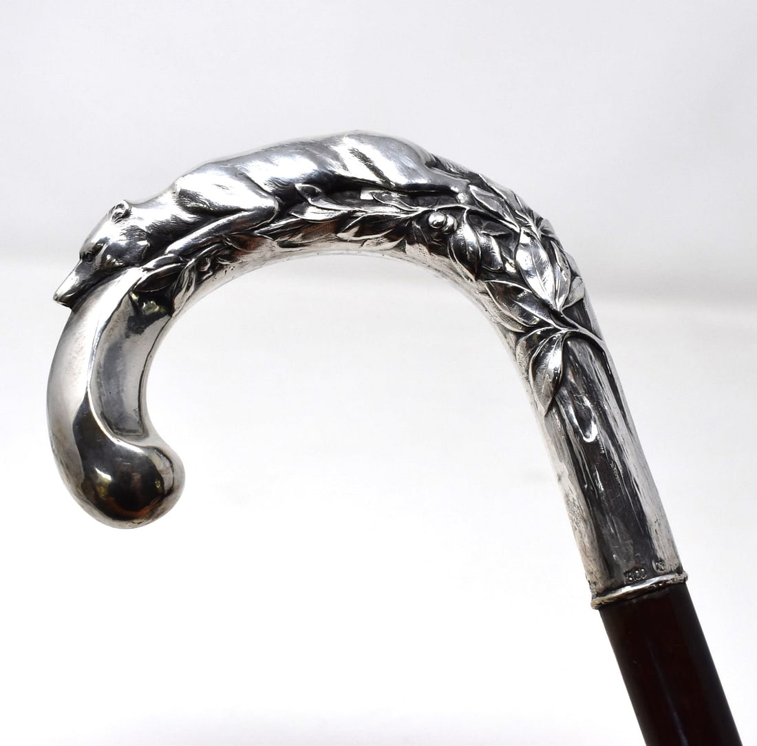 Art Nouveau figural Fox .800 silver cane / walking stick (1 of 12)