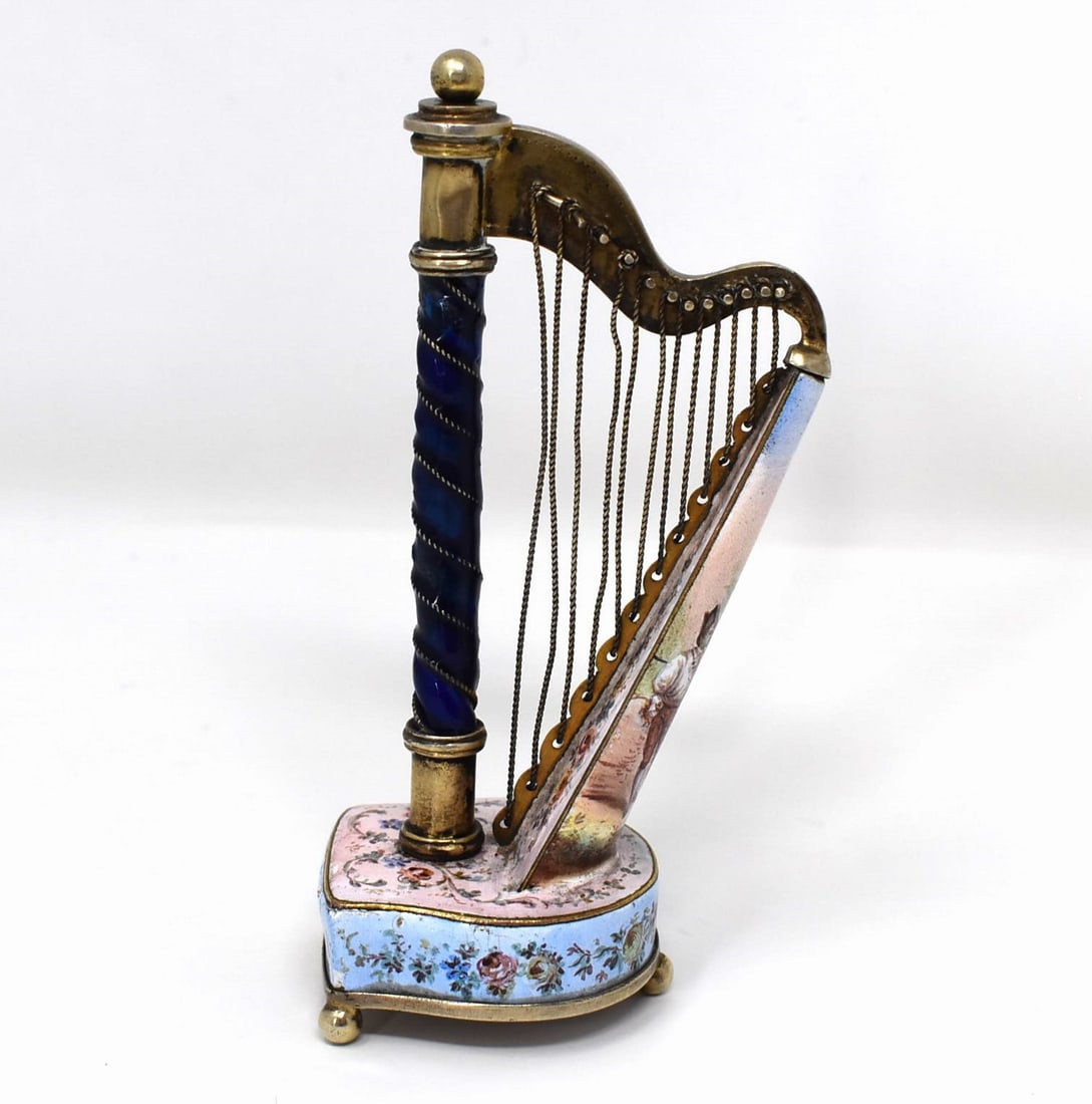 Antique Viennese Austrian silver and enamel miniature harp, Ludwig Politzer (1 of 16)