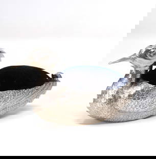 Edwardian novelty sterling silver Duck pin cushion: Edwardian novelty sterling silver Duck pin cushion, stamped with Chester Hallmarks, date letter for 1910 and maker's mark for Sampson, Mordan & Co. 1 3/4"h x 3 1/2"W x 1"d or 4.5cm H x 9cm w x 2.5cmD
