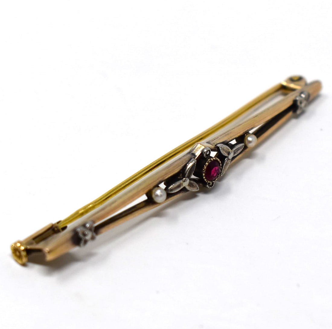 Antique 14K yellow gold, pearl and ruby pin brooch (1 of 4)