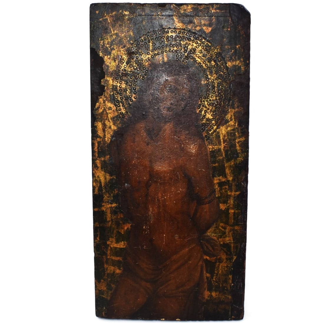 Antique Icon/ tempera on wood panel: Ecce Homo: An antique Ukrainian or Romanian? Icon/ tempera on panel, Ecce Homo. 16 1/2"H x 8" W or 42cm H x 20.5cm W